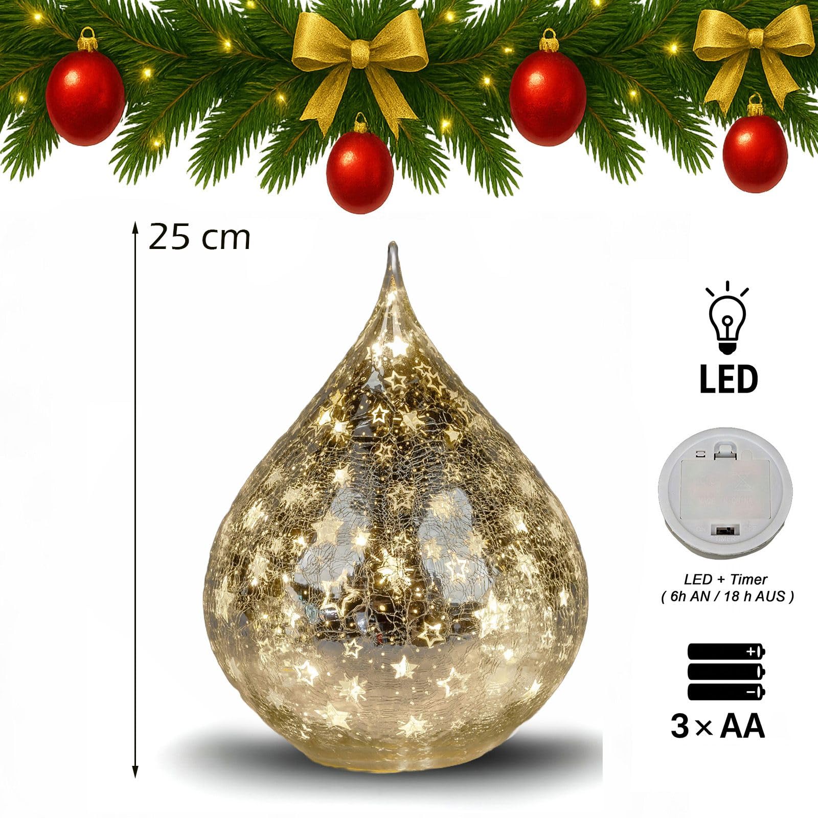 formano Dekoracyjna lampa LED w kształcie kropli gwiazd, 25 cm, szklana lampa z timerem (6 h włączona/18 h wyłączona), zasilanie bateryjne, nastrojowe światło na zimę i Boże Narodzenie, dekoracyjna