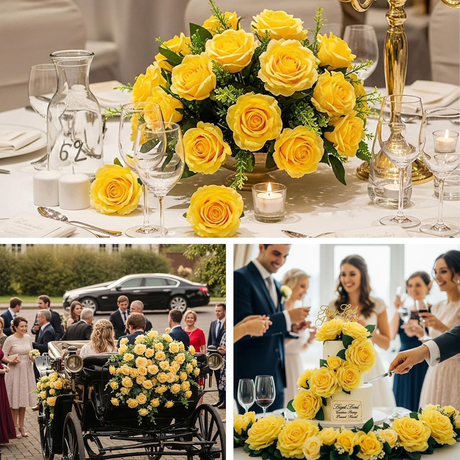 Auihiay 60PCS Yellow Roses Bulk, Yellow Velvet Silk Fake Roses, Realistic Flowers for Wedding Centerpieces, Bridal Bouquets, Home Decor, Baby Shower, Valentine's Day Party Decorations - Image 4