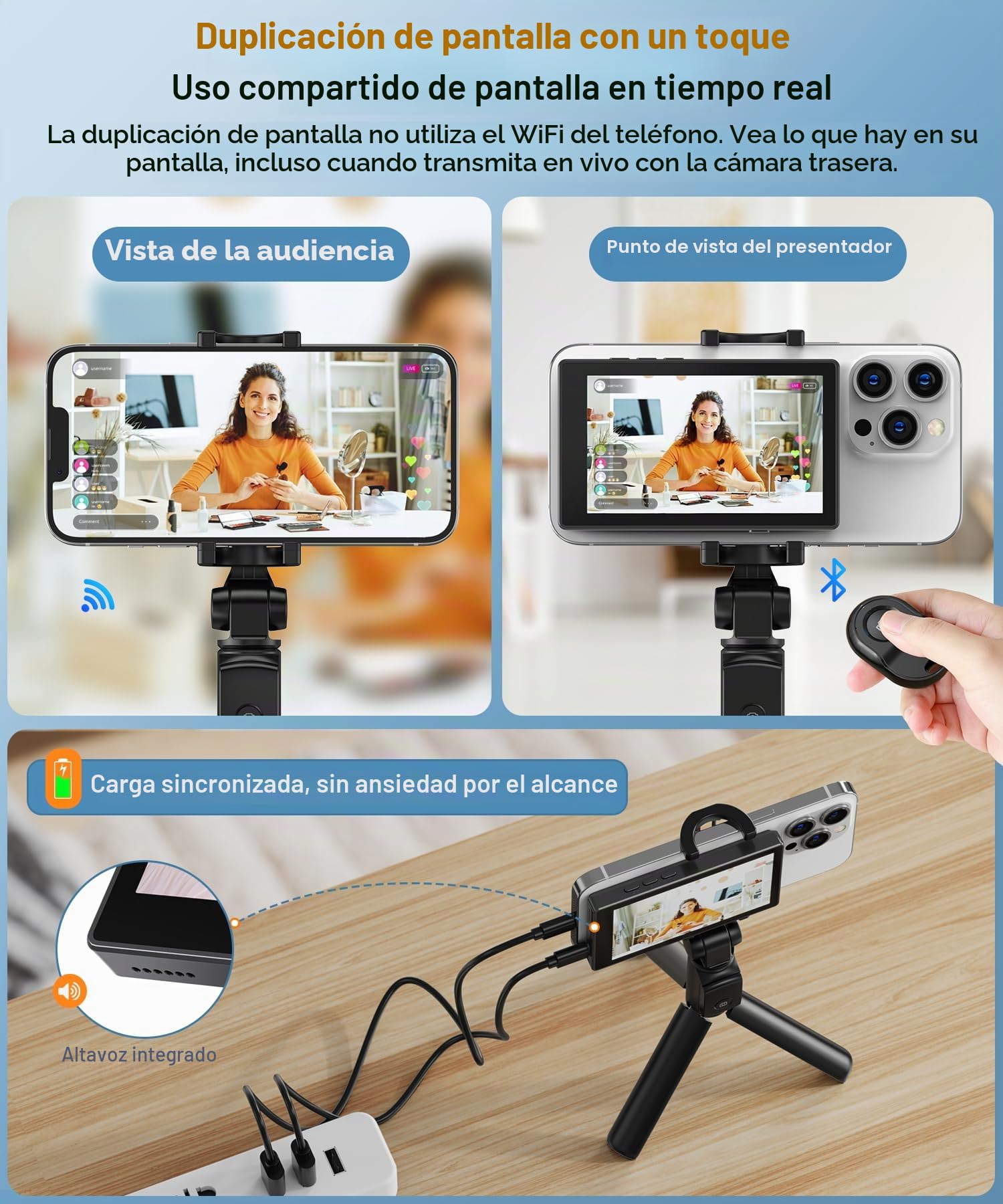 Monitor de teléfono para vlog y selfie, Axrye 1080P inalámbrico con cámara trasera de fijación magnética, altavoz incorporado y control remoto compatible con iOS, Android, YouTube, TikTok