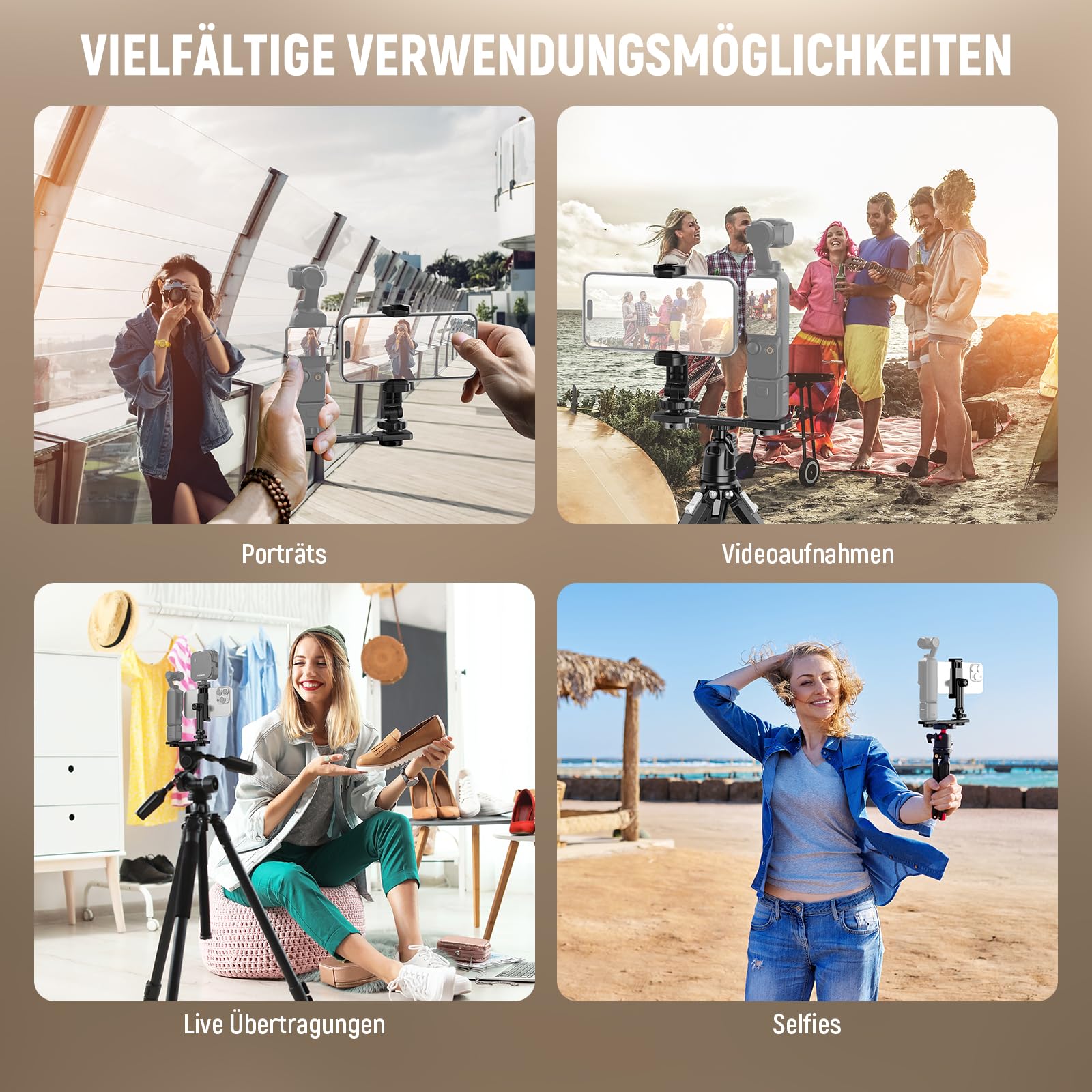 NEEWER Smartphone Halterung kompatibel mit DJI Osmo Pocket 4 & Pocket 3, Professionelle Handyhalterung mit 1/4" Gewinde & Kaltblitzschuh für Stativ, Verlängerungsstange, Videolicht, Mikrofon, AC021