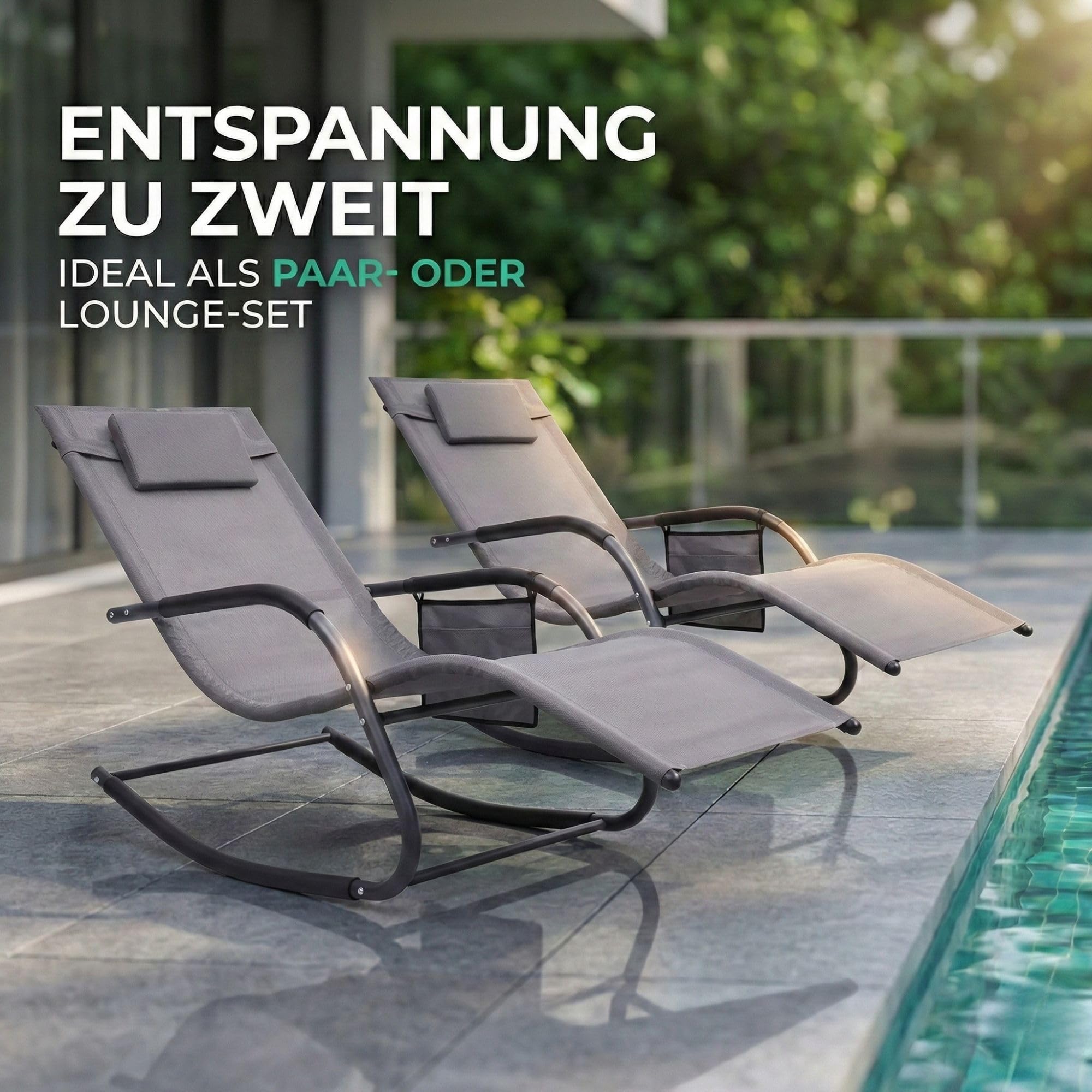 ALBATROS Gartenliege C-Form | Kopfkissen, Seitentasche, 160kg, wetterfest | Relaxliege, Schaukelstuhl, Schwungliege & Sonnenliege, Gartenstuhl, Balkonmöbel Grau, langlebig, für Garten & Terrasse