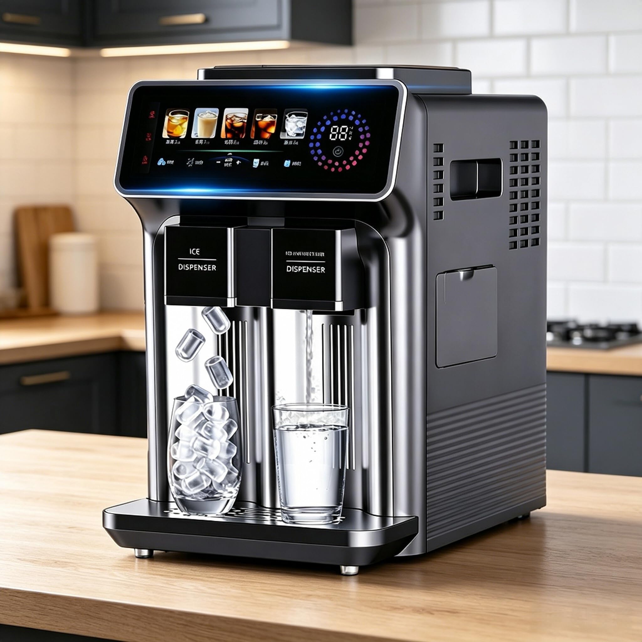 Máquina de hielo multifuncional de sobremesa con dispensador de hielo picado y agua fría, 12 cubitos en 6-10 minutos, 5 ajustes, para cocina, oficina y bar.