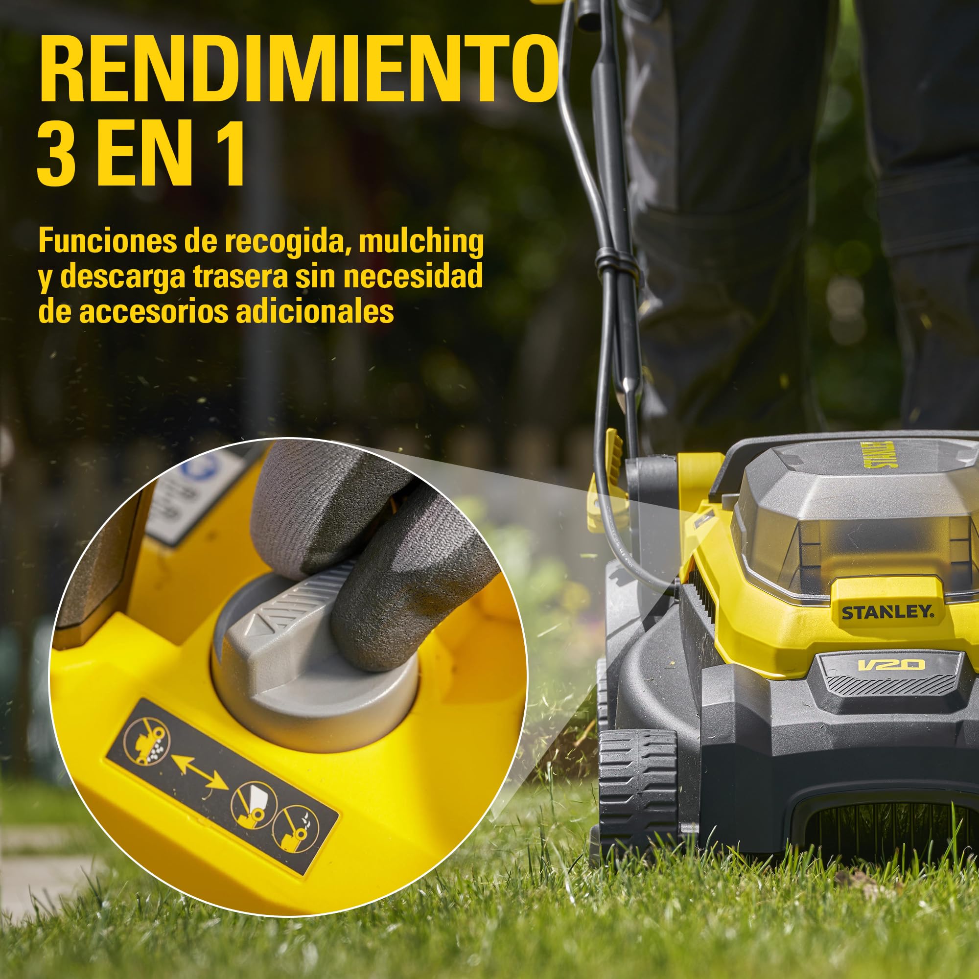 STANLEY V20 Cortacésped sin escobillas de 34 cm, incluye batería de iones de litio de 4 Ah y cargador de 2 A, 18 V, SCMWP3401M1-QW