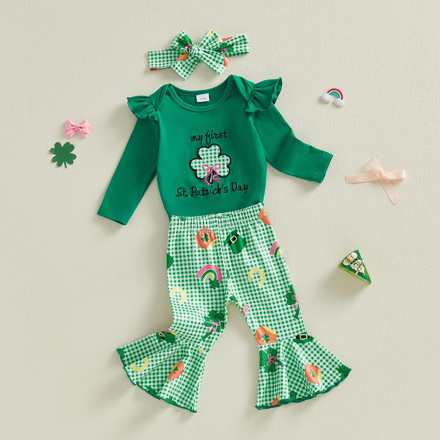 Muasaaluxi My First St Patricks Day Baby Girl Outfit Ruffle Shamrock Romper Plaid Flared Pants Headband Spring Outfit - Image 6