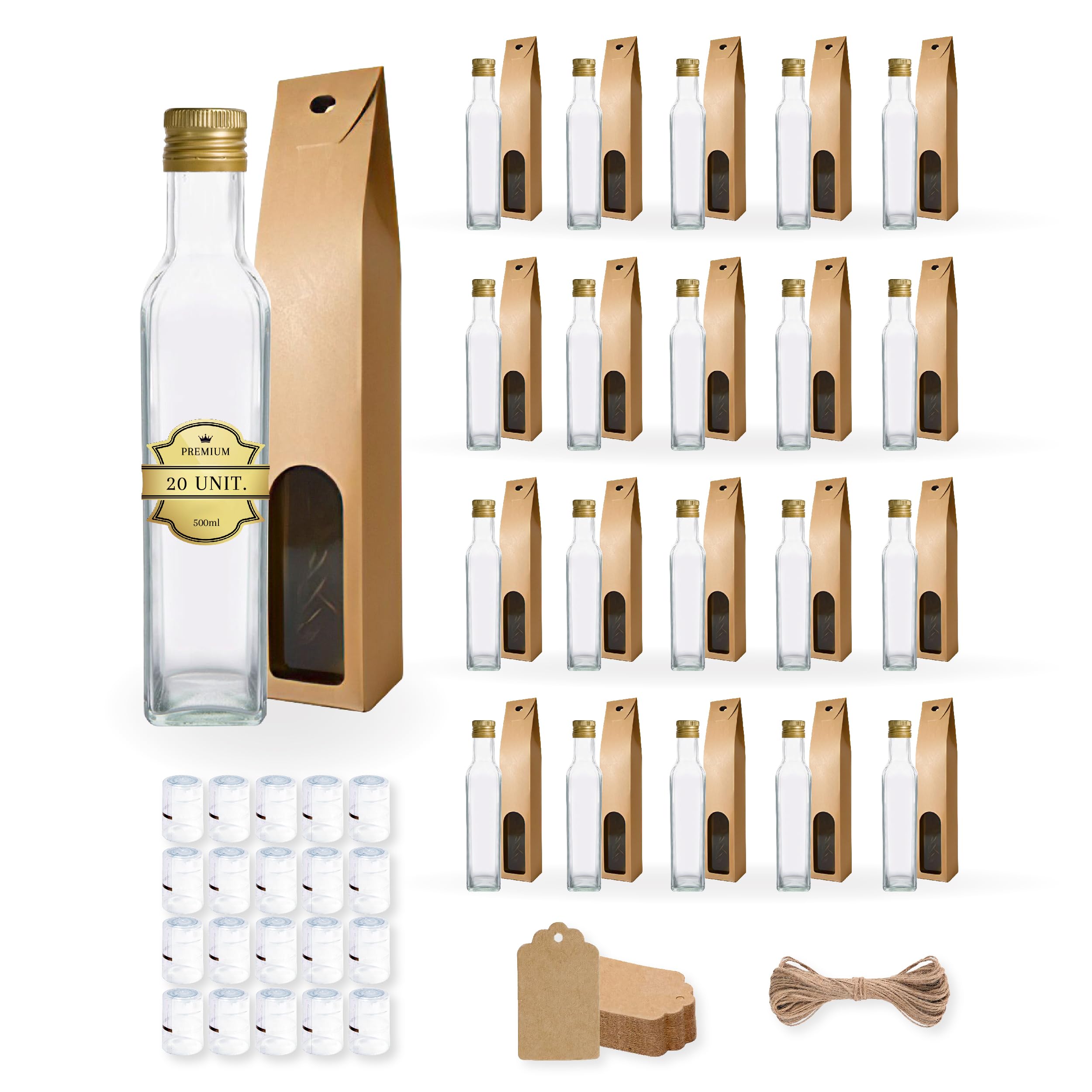 Espirito Rebelde 20 Botellas de Cristal 500ml con Tapón de Rosca Dorado + 20 Cajas + 20 Sellos + 20 Etiquetas Kraft + Cuerda - Aceite de Oliva, Vinagre, Alcohol, Salsas - Aceitera de Cristal