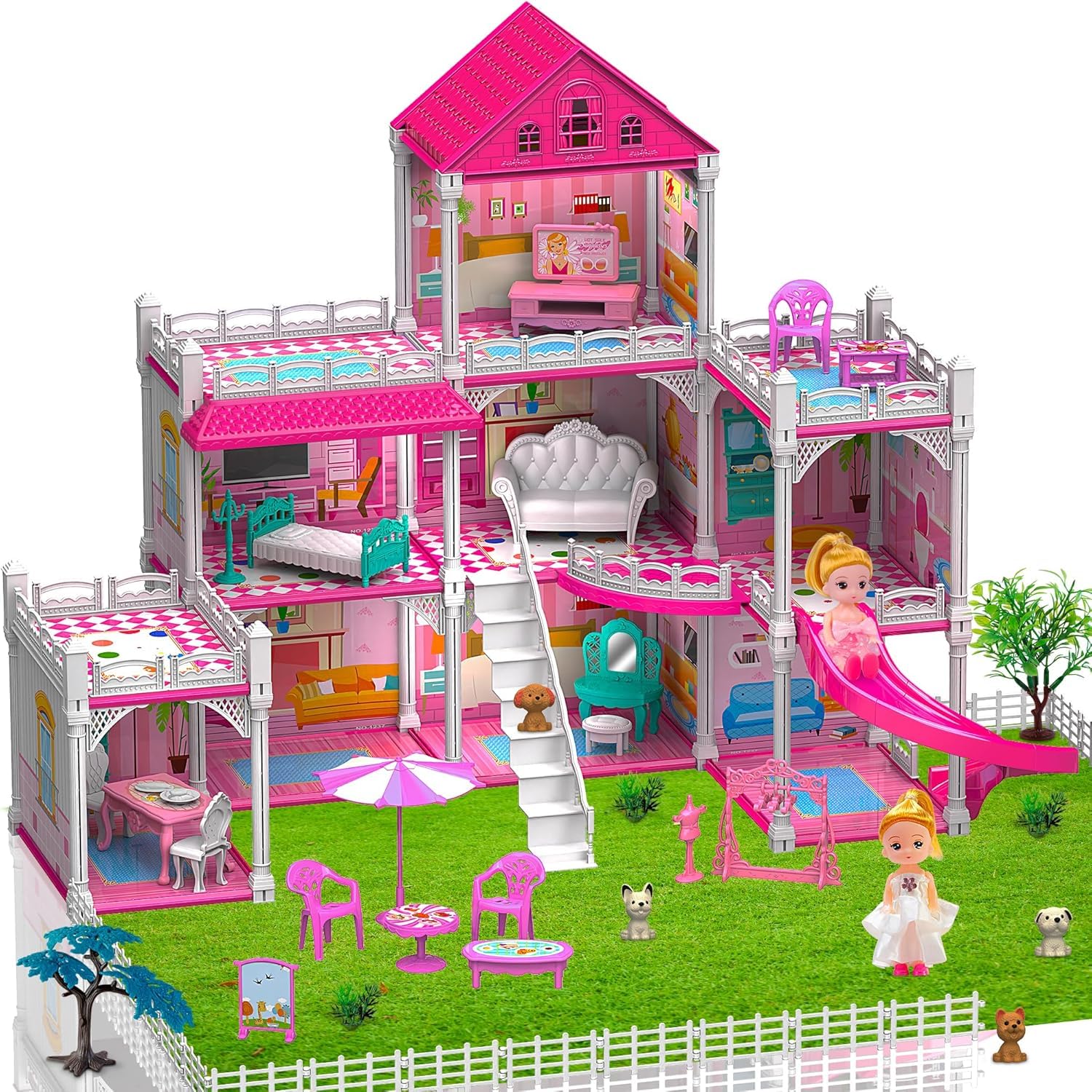 Princess'Castle House for Girls, Dollhouse Playset, 3-Story 8 Rooms Playhouse with 2 Dolls Toy Figures and Furniture & Accessories, Toy Gifts for Kids 3 4 5 6 7 8 9+ Year Old