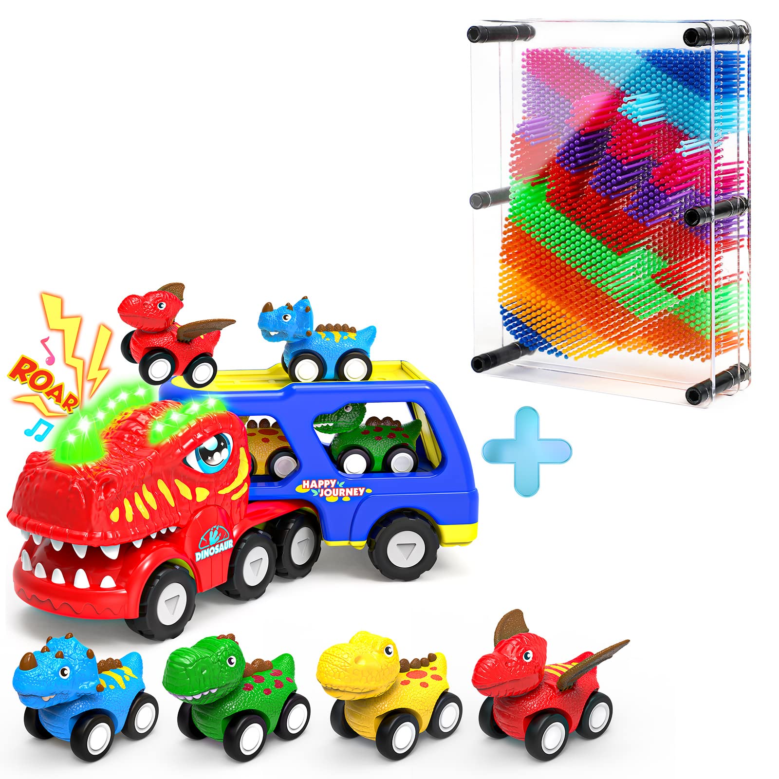 Large 3D Pin Art Sensory Toy (Rainbow) and 5 in 1 Friction Powered Dinosaur Toy Trucks with Flashing Light & Sound Bundle, Toddler Toys with 4 Dino Toy Cars for 1 2 3 4 5 6 7 8 Year Old Kid Boys Girls