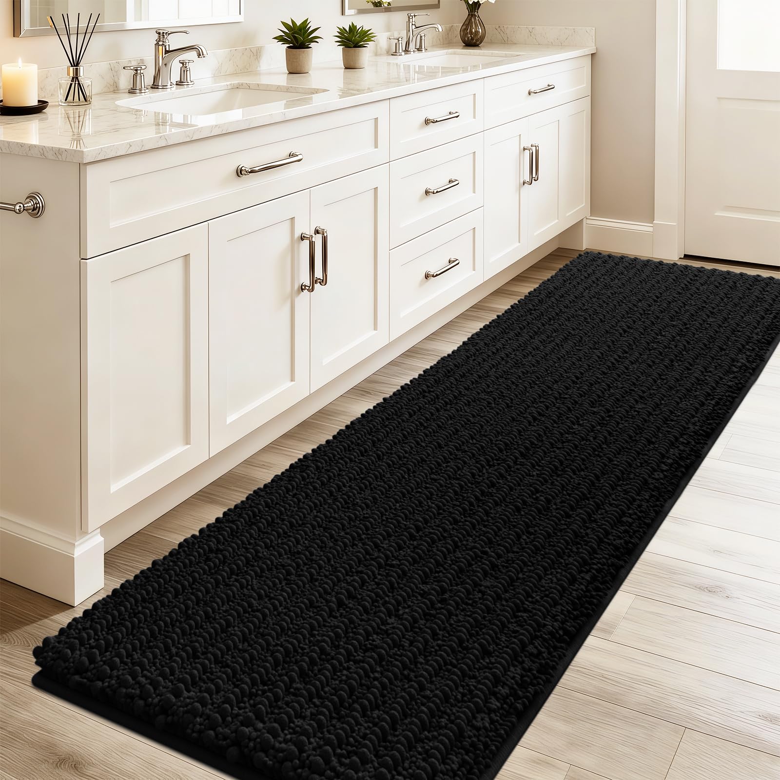 ACCUMTEK Extra Long Upgrade Luxury Black Bathroom Rug Mat 70"x24", Ultra Soft Thick Absorbent Bath Mats, Non Slip Chenille Toilet Mat for Bathroom, Bedroom, Kitchen, Shower, Tub