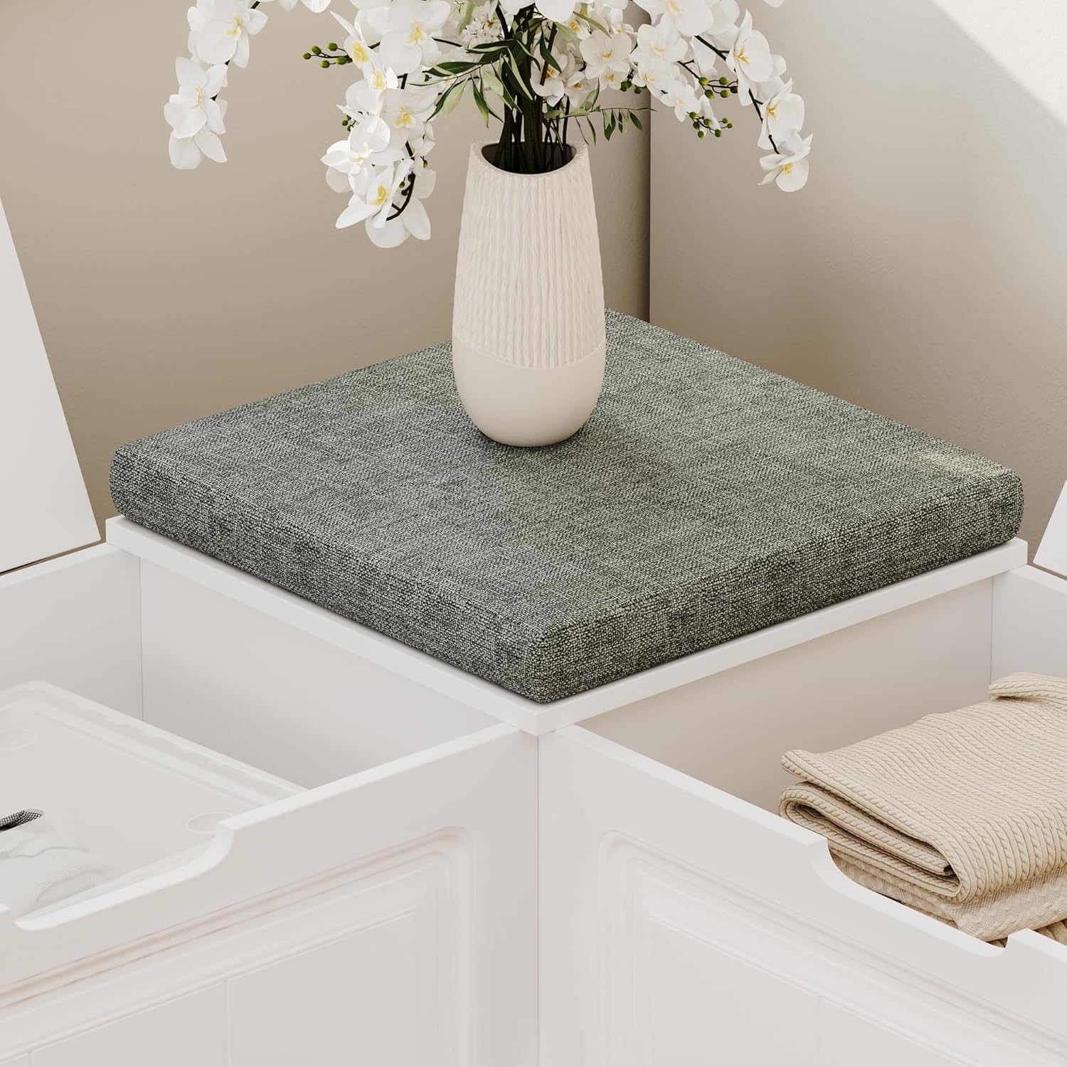 ECACAD L-Shape Wood Shoe Storage Bench with Cushion Seat, 2 Doors & 4 Storage Compartments, Entryway Corner Bench with Padded Seat & Framed Patterns for Hallway, White & Grey