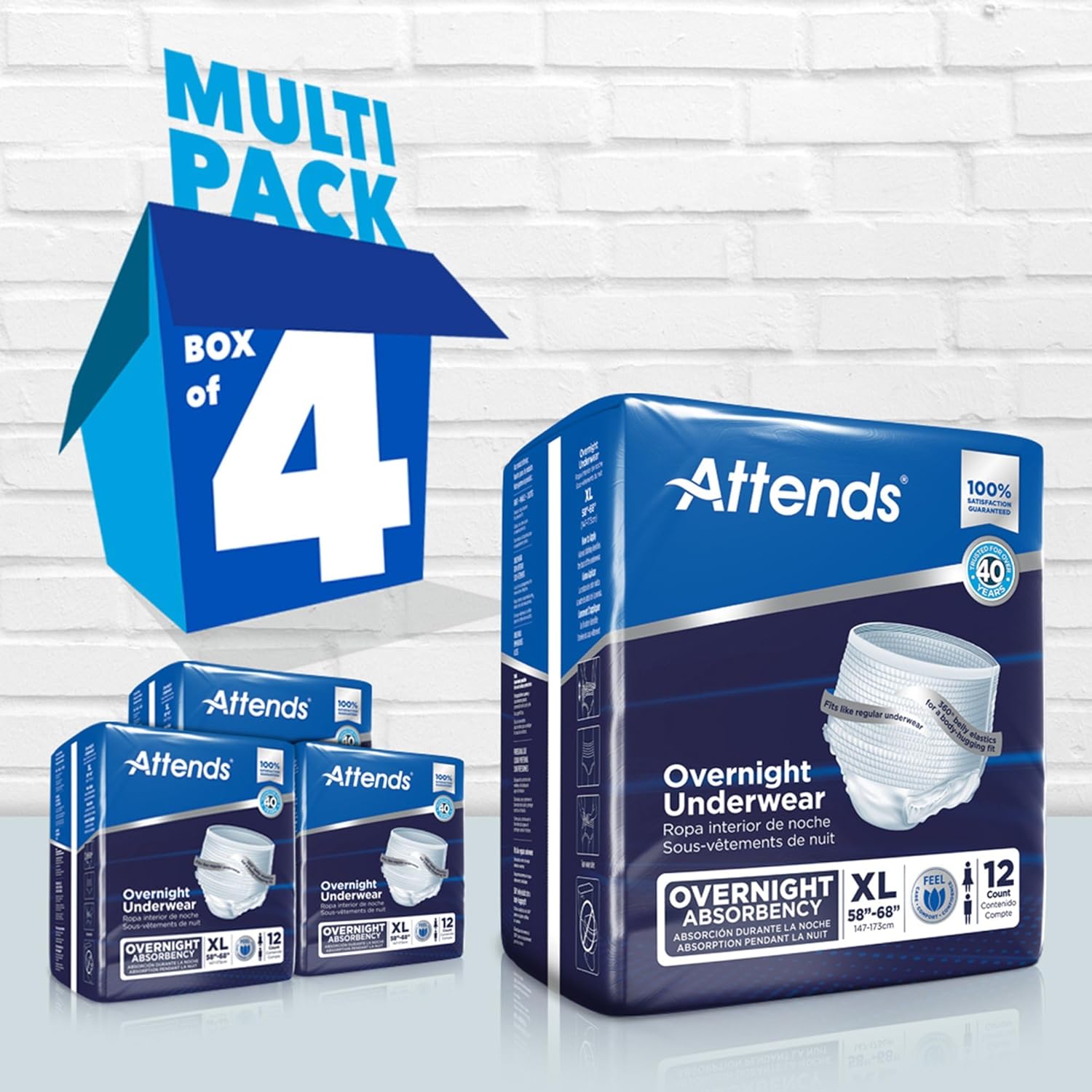 Attends Overnight Underwear for Adult Incontinence Care with ConfidenceCuff™ Protection, Overnight Absorbency, Unisex, X-Large, 12 Count (x4)