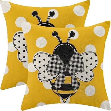 Summer Pillow Covers 18x18 Set of 2, Bee Polka Dots Decorative Yellow Throw Pillow Covers Linen Cute Farmhouse Cushion Pillow Covers for Sofa Couch Outdoor Decor