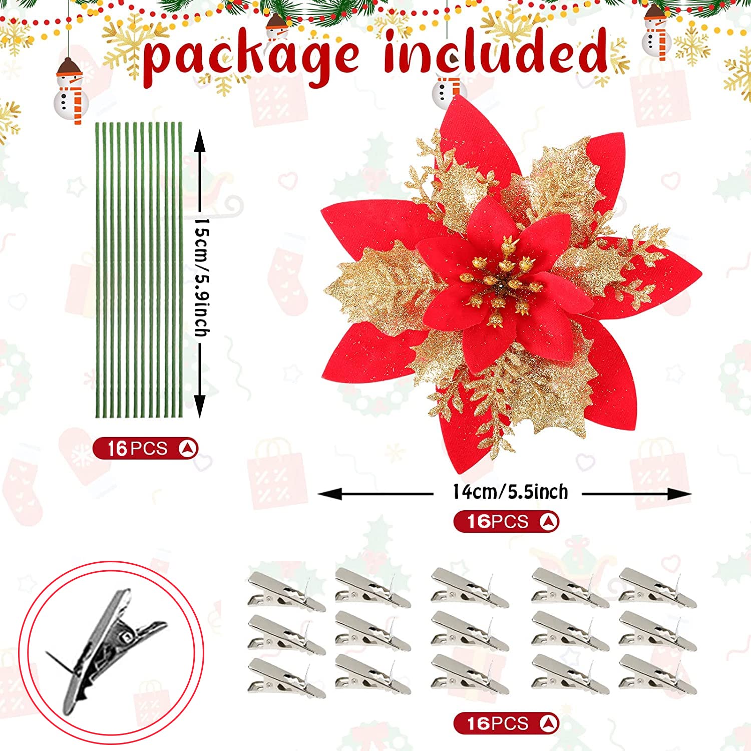 36 stuks kerst glitter kunstmatige kerstster bloemen kerst kerstster kunstmatige bruiloft bloemen decoraties kerstboom ornamenten met clips voor feestartikelen, 15,5 cm, 15,5 cm, 7,5 cm (roségoud