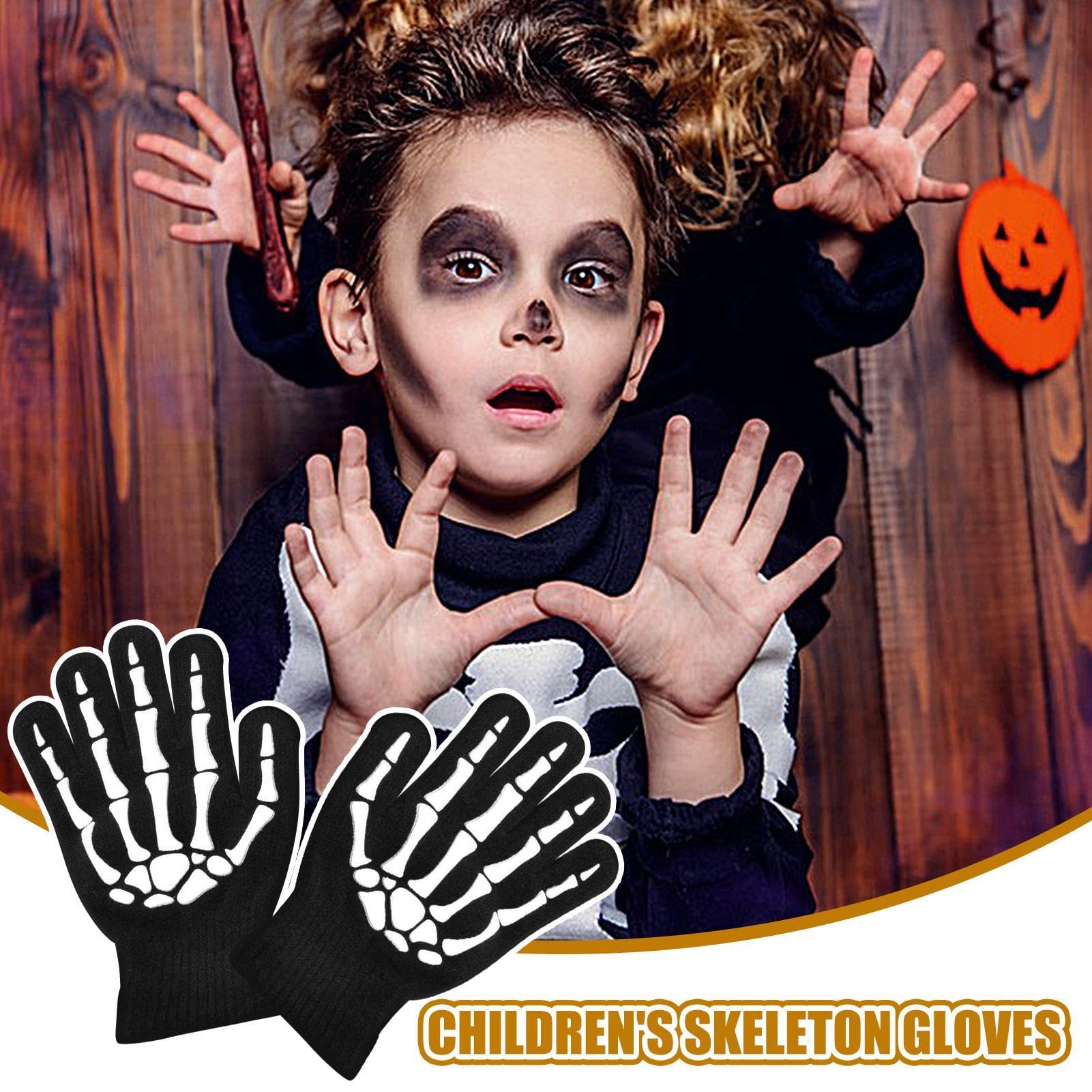 Paire De Gants Squelette Enfant - Noir Avec Os Blancs - Taille Unique Pour Déguisement Halloween