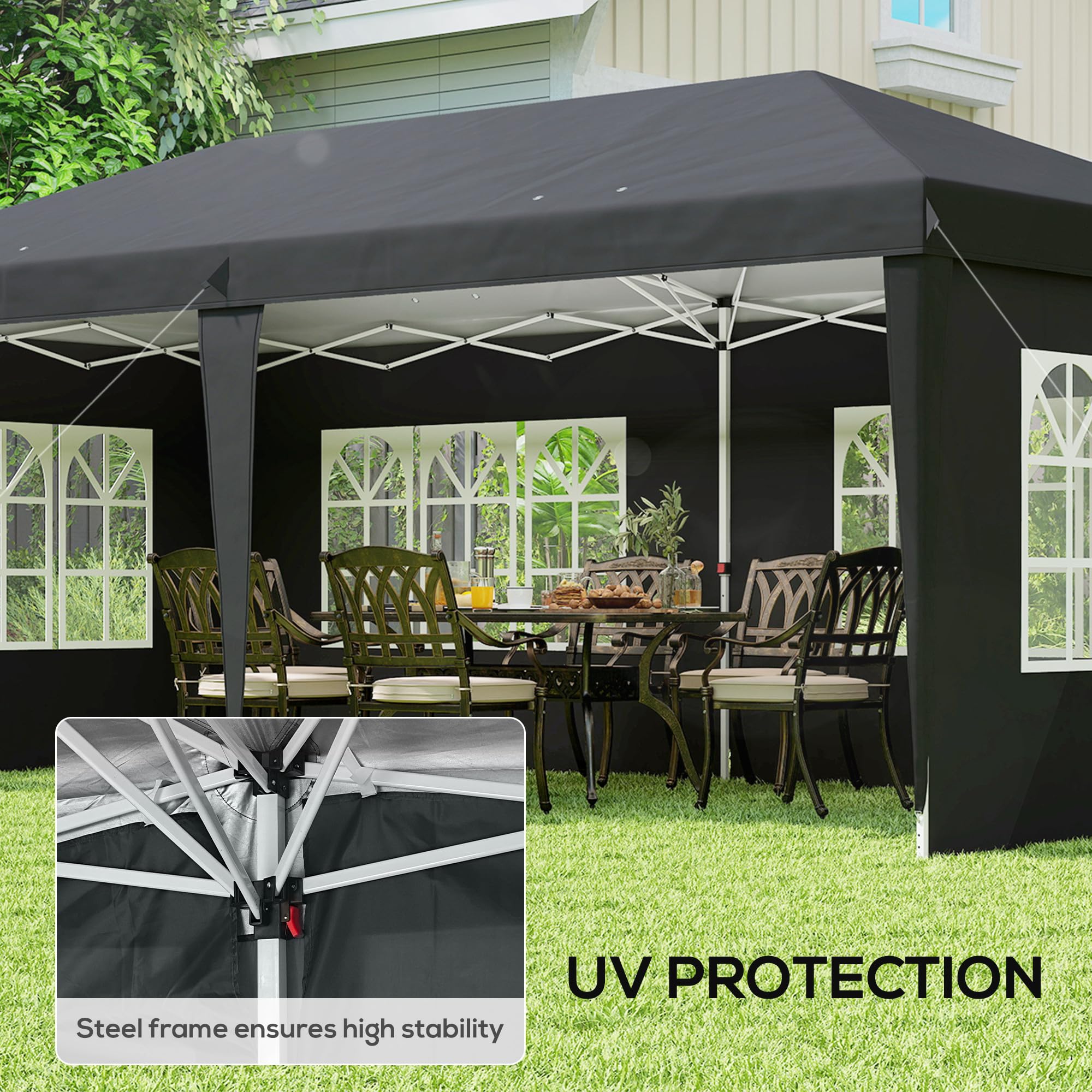 Outsunny Gazebo Pop-up 3x6m Altura Ajustable Paredes Laterales Negro