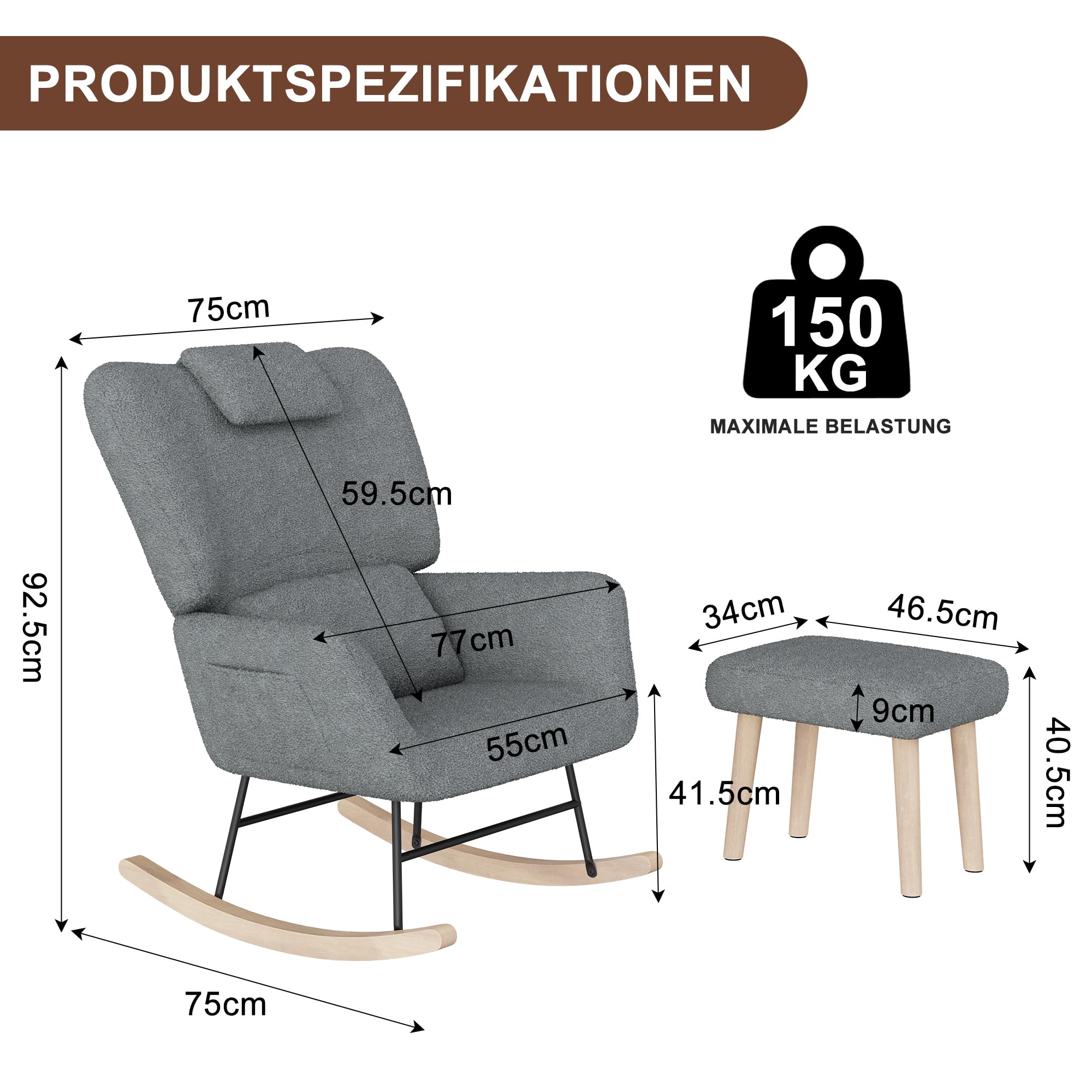 Mecedora con reposapiés, sillón basculante soporta hasta 150 kg