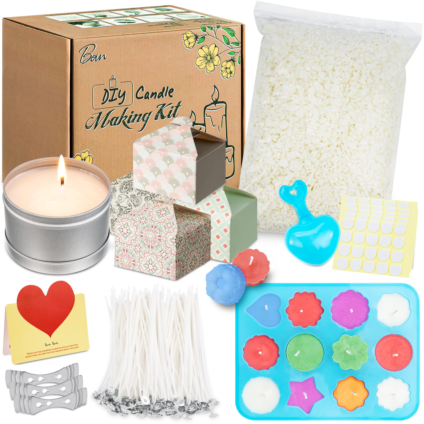 Bovn Candle Making Kits for Adults, Candle DIY Starter Set for Beginners, Soy Wax Supplies with 2.2LB Soy Wax, Special Silicone Mold, Beautiful Little Gift Box, Small Greeting Card and More