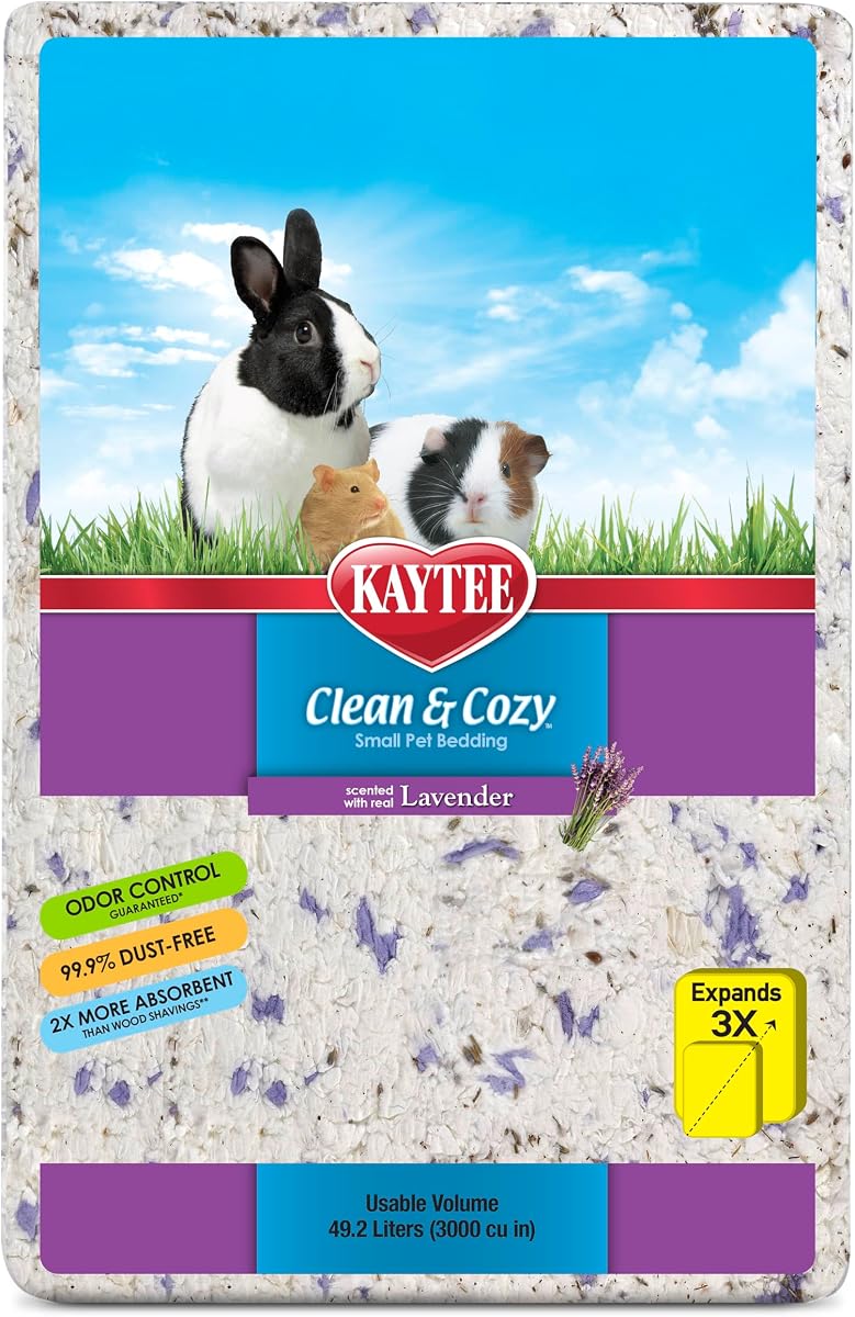 Kaytee Clean & Cozy Ropa de cama de papel lavanda para cobayas, 49,2 litros | Hábitats más frescos con ropa de cama para conejos. Ropa de cama para hámster para mascotas pequeñas. 99% libre de polvo, absorbe 6x, ropa de cama de lavanda