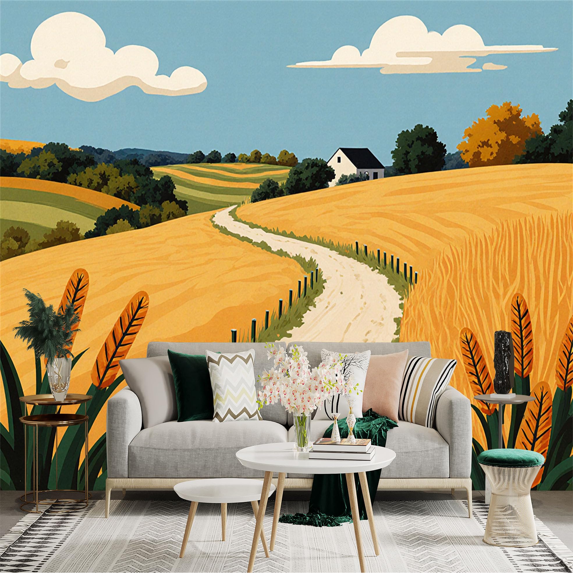 Custom Size Wall Sticker Mural， Rural Golden Wheat Fields， Winding Country Road， Peaceful Farmhouse Landscape， for wall Decoration， peelandstick wall Decals.