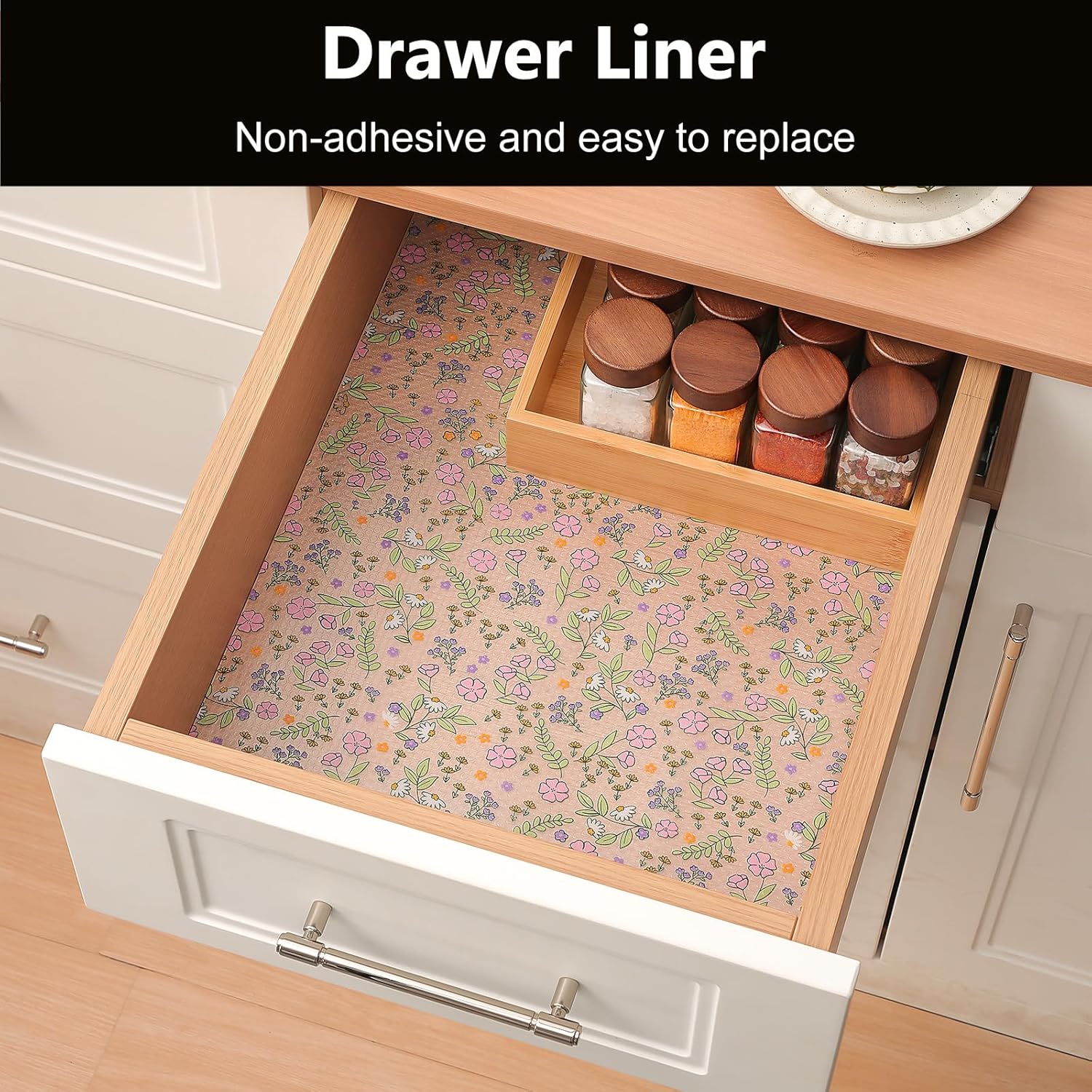 INNOLITES Shelf Liners for Kitchen Cabinets Non-Adhesive Drawer Liner with Floral, Waterproof Durable Easy to Clean, for Refrigerator, Shelves (Pink Purple Rose, 17.5" x 197")