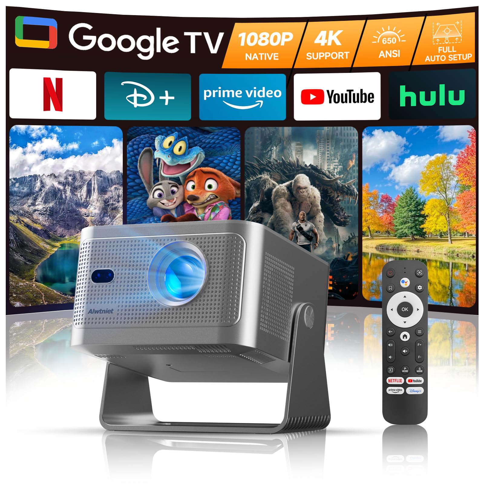 Alwtniet Proiettore 4K con Google TV, nativo Full HD 1080p, mini proiettore home theater, Bluetooth, WiFi, piccolo e intelligente, breve distanza, messa a fuoco automatica, correzione trapezoidale 6D