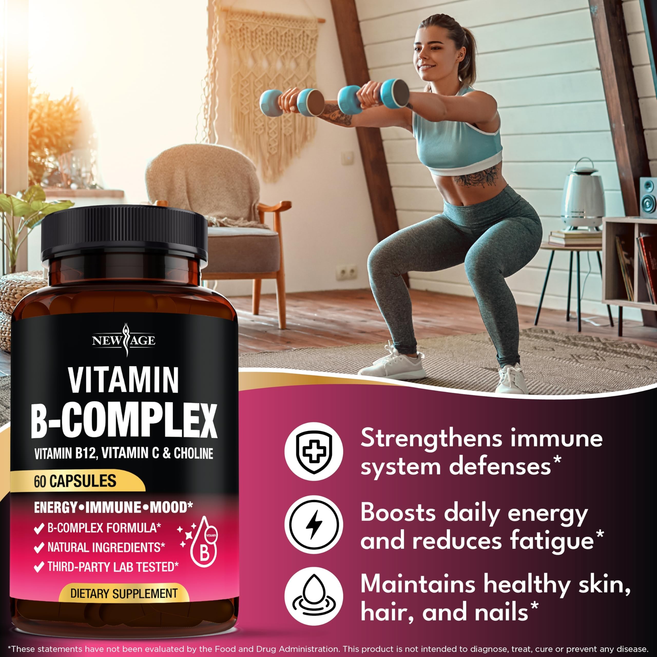 NEW AGE Vitamin B Complex for Men & Women, Made in USA, B-Complex: B1, B2, B3, B5, B6, B7, B8, B9, B12 with Vitamin C, Choline, Inositol, Energy, Brain & Heart Support, 180 Vegan Capsules — Amazon image 5
