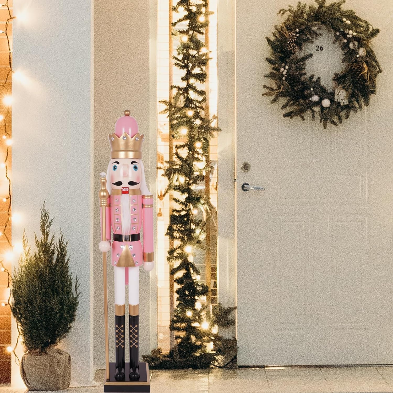 SUNSHINE DECOR 4ft Nutcracker Christmas Decor Large Pink Wooden King Nutcracker Figure Ornaments for Outdoor Decorations (1PCS)