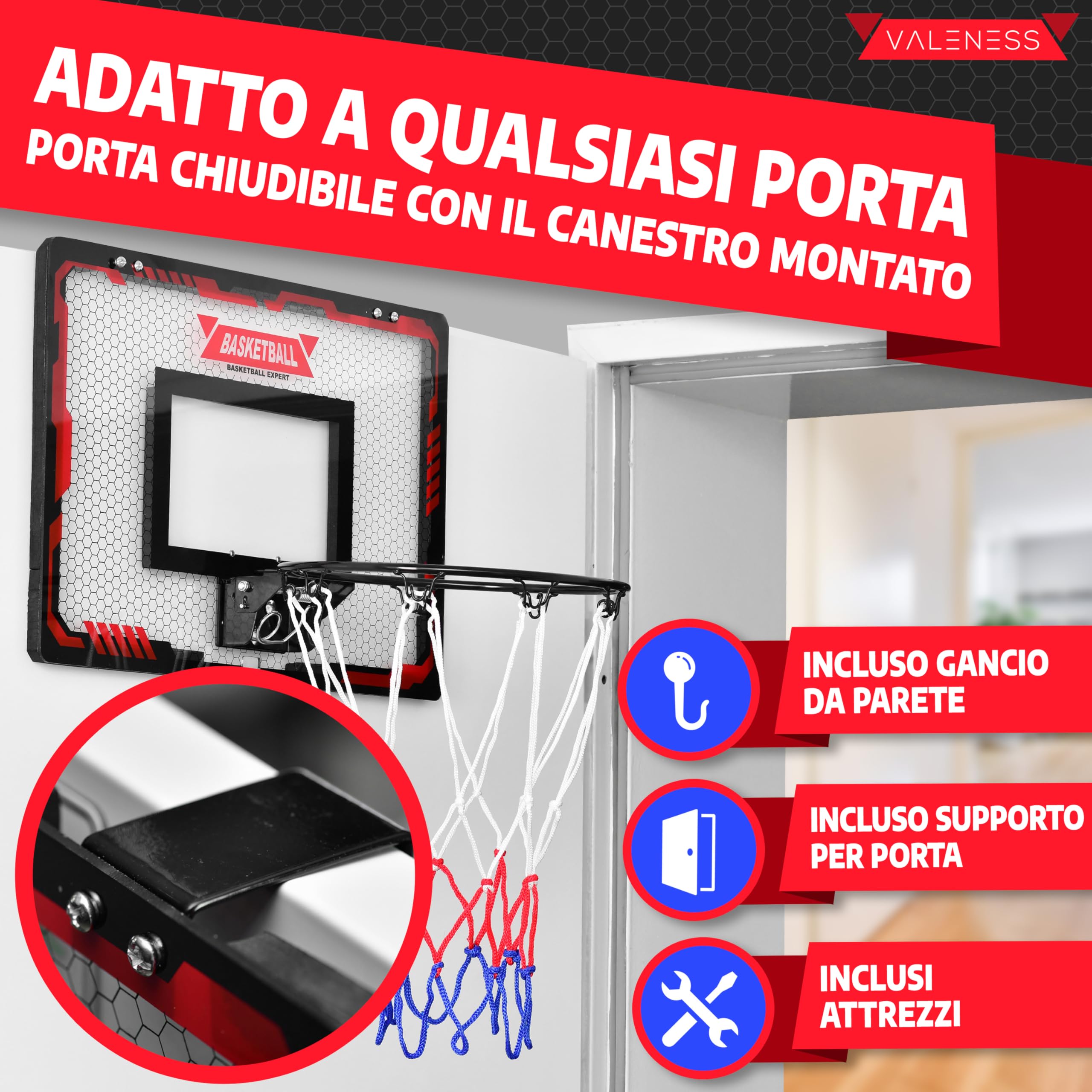VALENESS® Mini Canestro da Basket da Interno [per Porta & Parete] - Piccolo Canestro con Funzione Schiacciata, 4 Palloni, Pompa & Accessori di Montaggio - per Bambini e Adulti