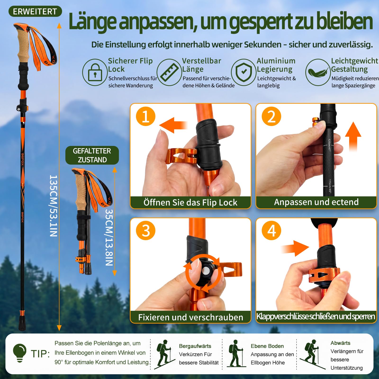 3K Carbon Trekkingstöcke Faltbar, Ultraleicht, 3-Fach Klappbar, Höhenverstellbar mit Korkgriff und Schnellverschluss, Wanderstöcke für Damen und Herren, Orange