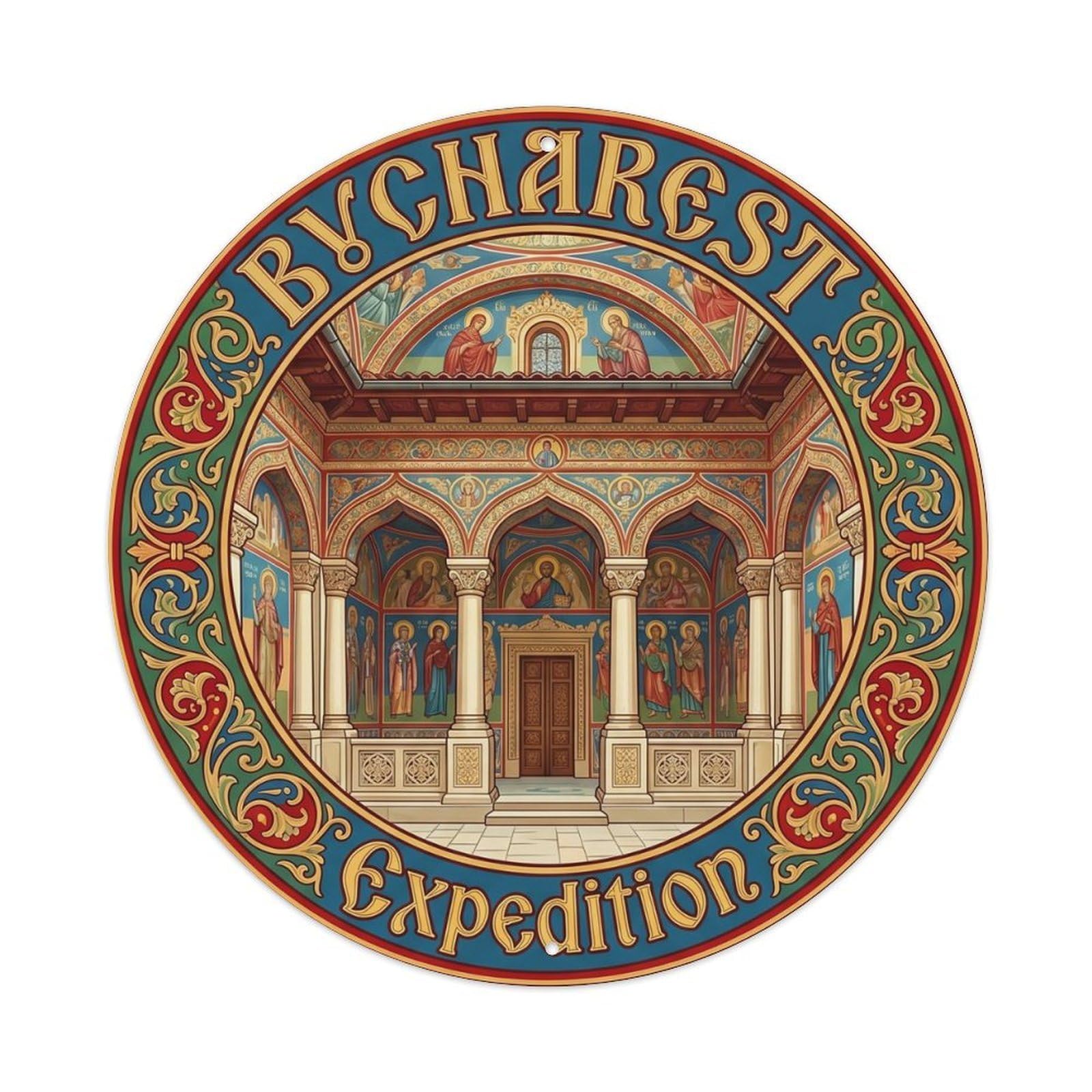 Bucharest Monastery Expedition Heritage Destination Scenic Metal Tin Sign Plaque Wall Decor for Cafe, Man Cave, Club Bar, Office, Home Garden Round Metal Poster 8x8Inch