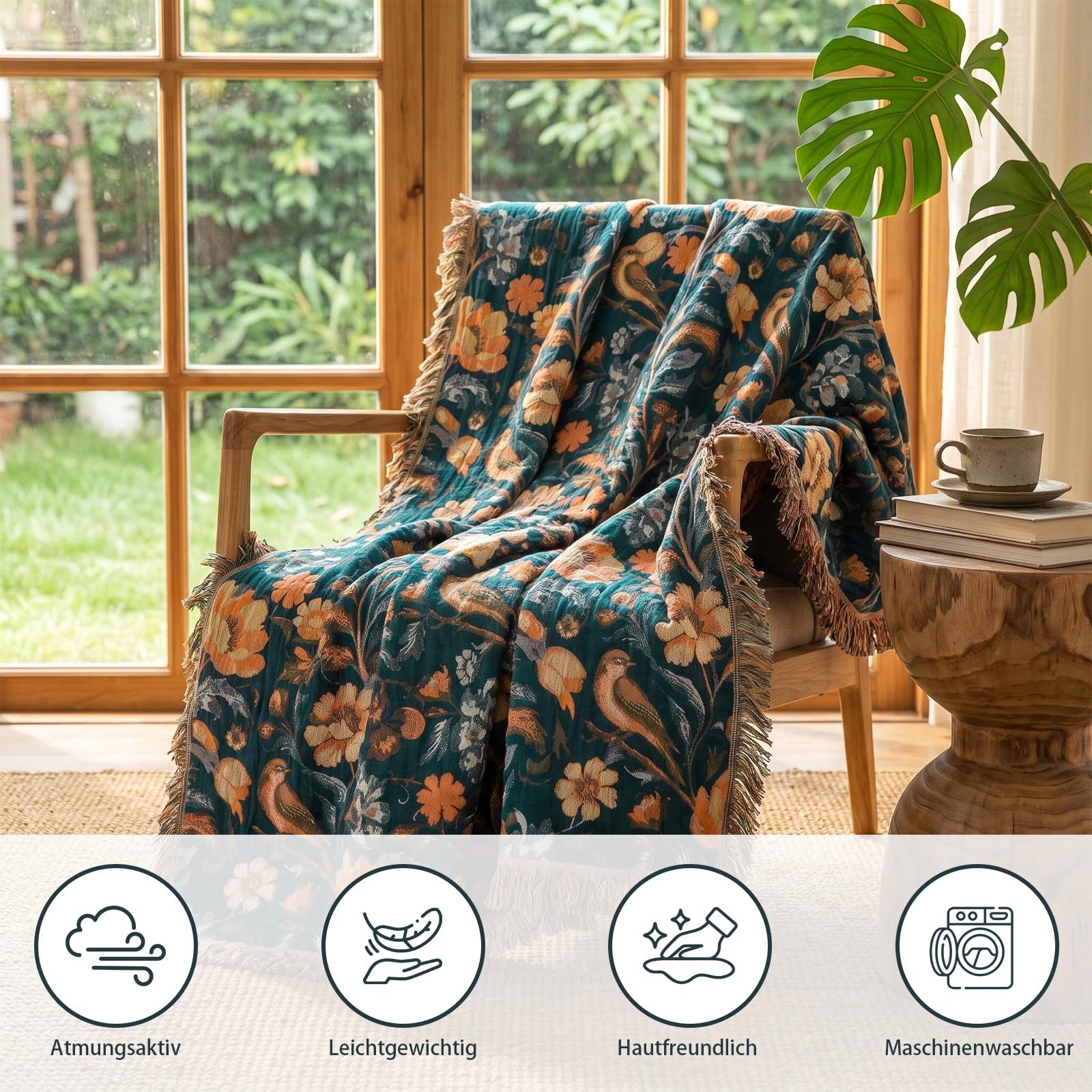 Coperta Mussola di Cotone150x200cm,100% Cotone Copriletto Premium Boho
