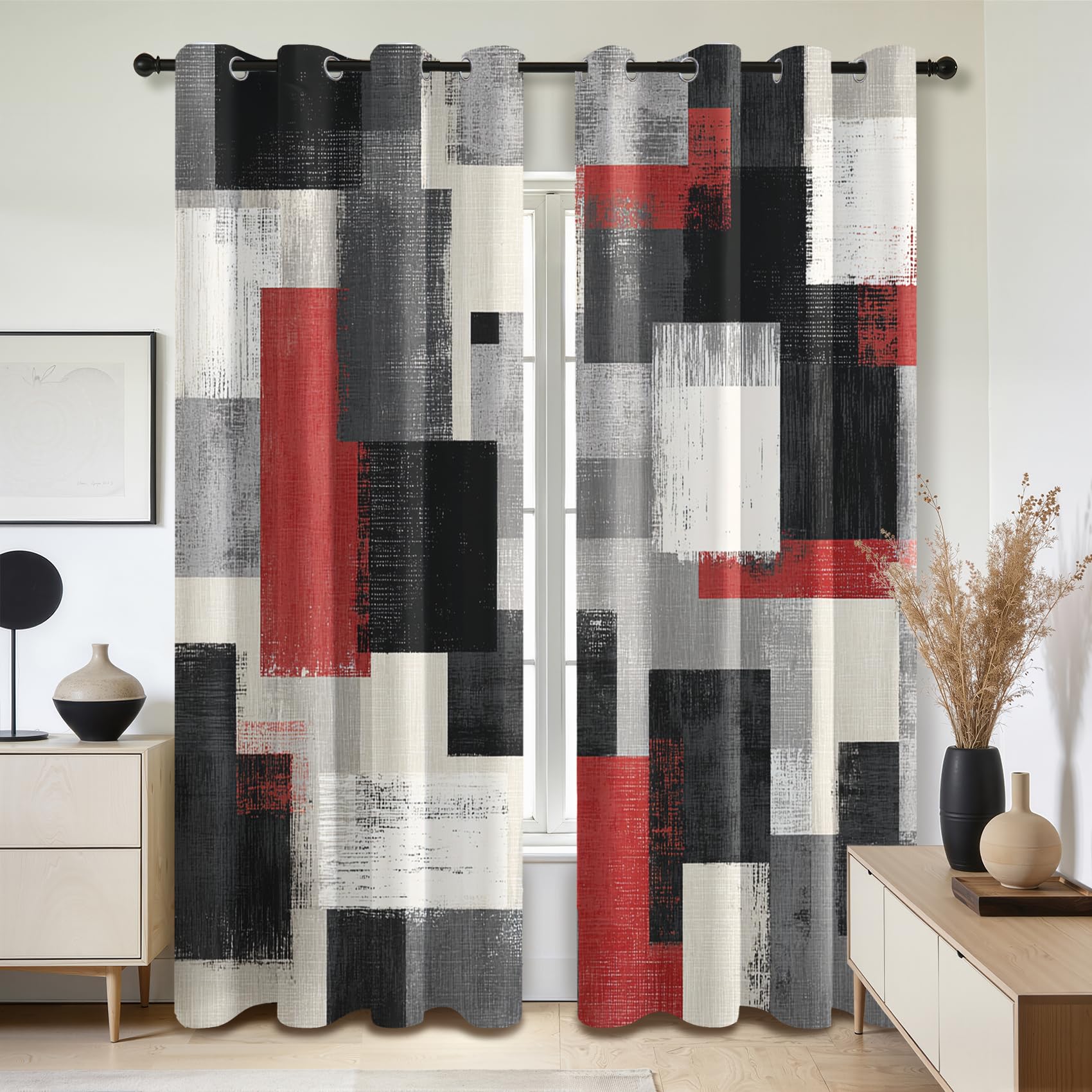 Mistela Black Red Curtains for Living Room, Modern Geometric Blackout Curtain Thermal Insulated Bedroom Curtain Eyelet, W54 X D90, 2 Panels Abstract Patterned Curtains