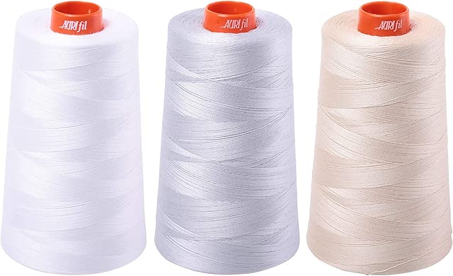 3-PACK BUNDLE - Aurifil 50WT CONES - White + Dove + Light Beige, Solid - Mako Cotton Thread - 6452 yards EACH