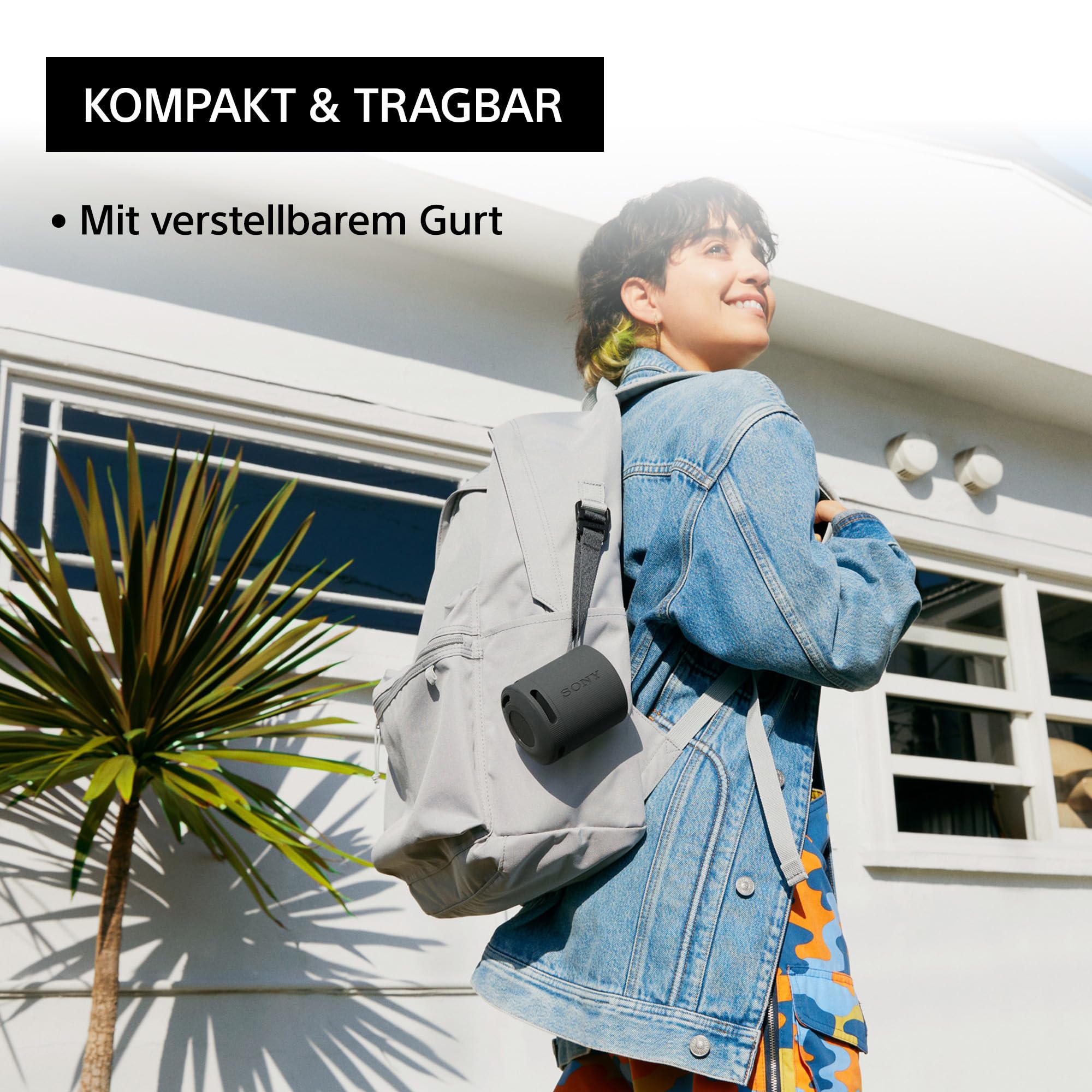 Sony SRS-XB100 - Kabelloser Bluetooth-Lautsprecher, tragbar, leicht, kompakt, Outdoor, Reise, langlebig, IP67 wasser- und staubdicht, 16 Std Akku, Trageriemen, Freisprechfunktion, schwarz