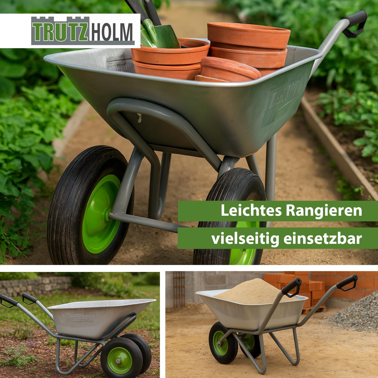 TRUTZHOLM 2-Rad Schubkarre 150L 150kg | stabile Gartenkarre Baukarre kippsicher | verzinkte Wanne | pannensichere PU-Räder | pulverbeschichteter Stahlrahmen | Sicherheitsgriffe | Zweirad