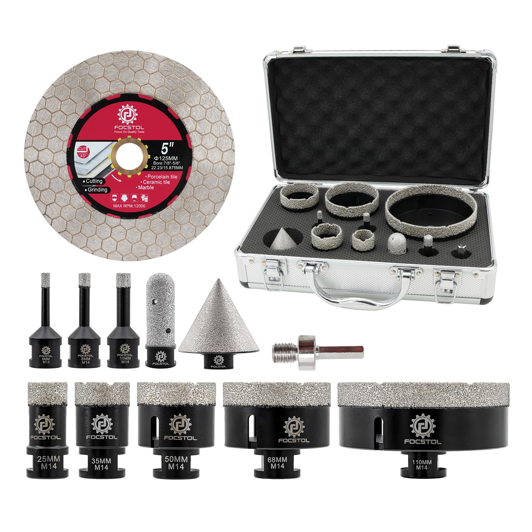 FOCSTOL Scie Cloche Carrelage Kit - Foret Diamant Carrelage Kit pour Porcelaine Marbre Granit 12 pièces (6/8/10/25/35/50/68/110mm+50mm Mèches Chanfrein+20mm Fraise+Adaptateur+125mm Disque)
