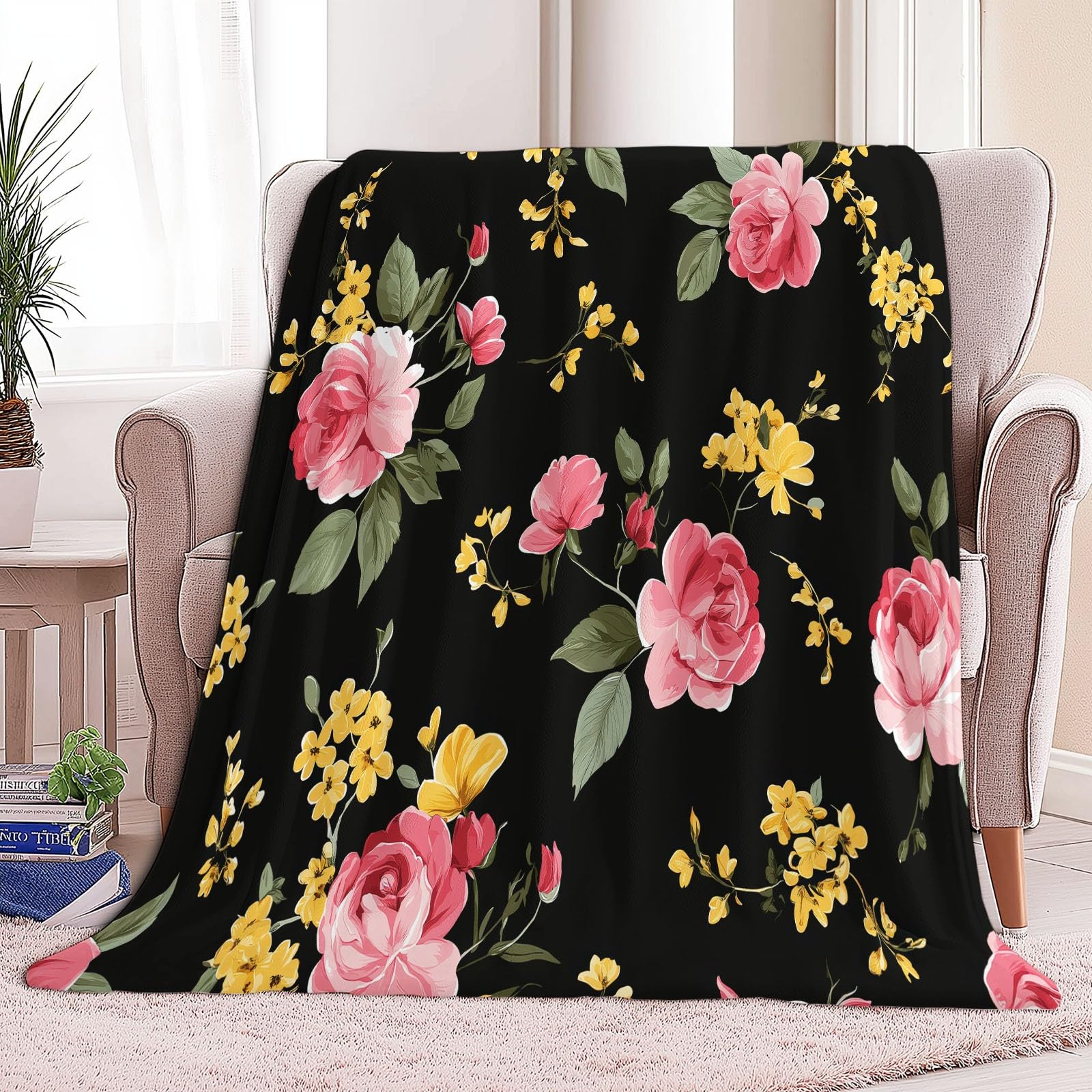 Manta pequeña con estampado floral negro, 180 x 200 cm, suave y acogedora, manta térmica de franela para niños y niñas, cama y sofá, manta mullida