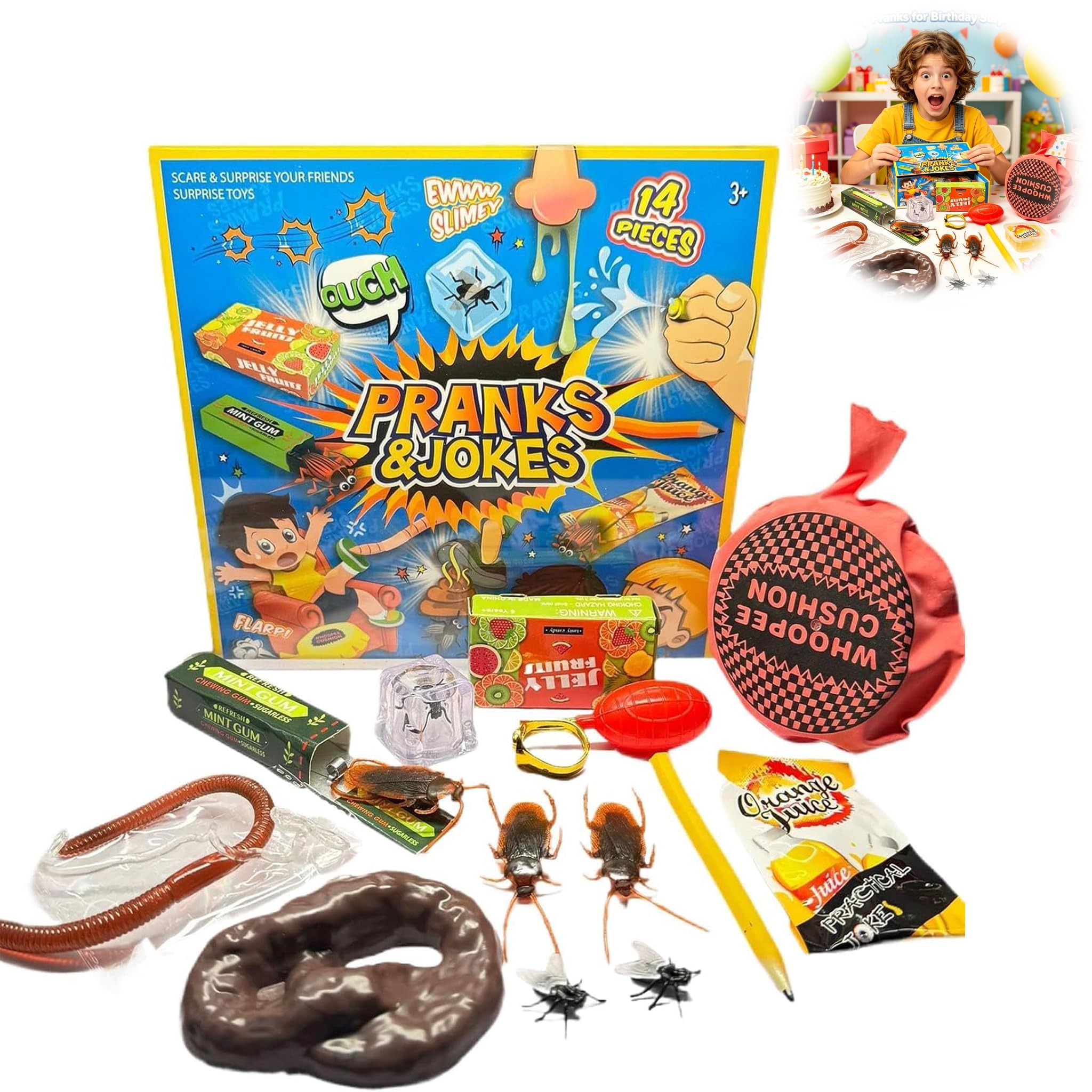 ZPSCXQ 14 piece pranks set with cushion and fake Winnies, adult funny prank, April Fool's joke toy box, practical joke game box, adult funny prank small tool, friends, family, girlfriends