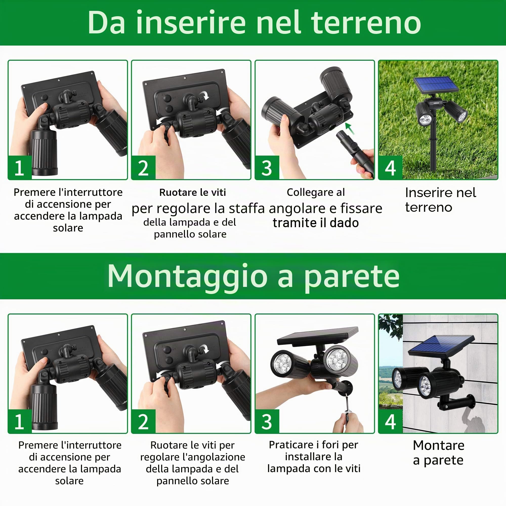 Faretti Solari da Esterno 2 in 1 LED Impermeabili IP65, 2 Pezzi | Pannello solare 5.5V/1.8W, batteria 2600mAh, 2 modalità luce (200LM/300LM), orientabile a 360°, installazione prato/parete