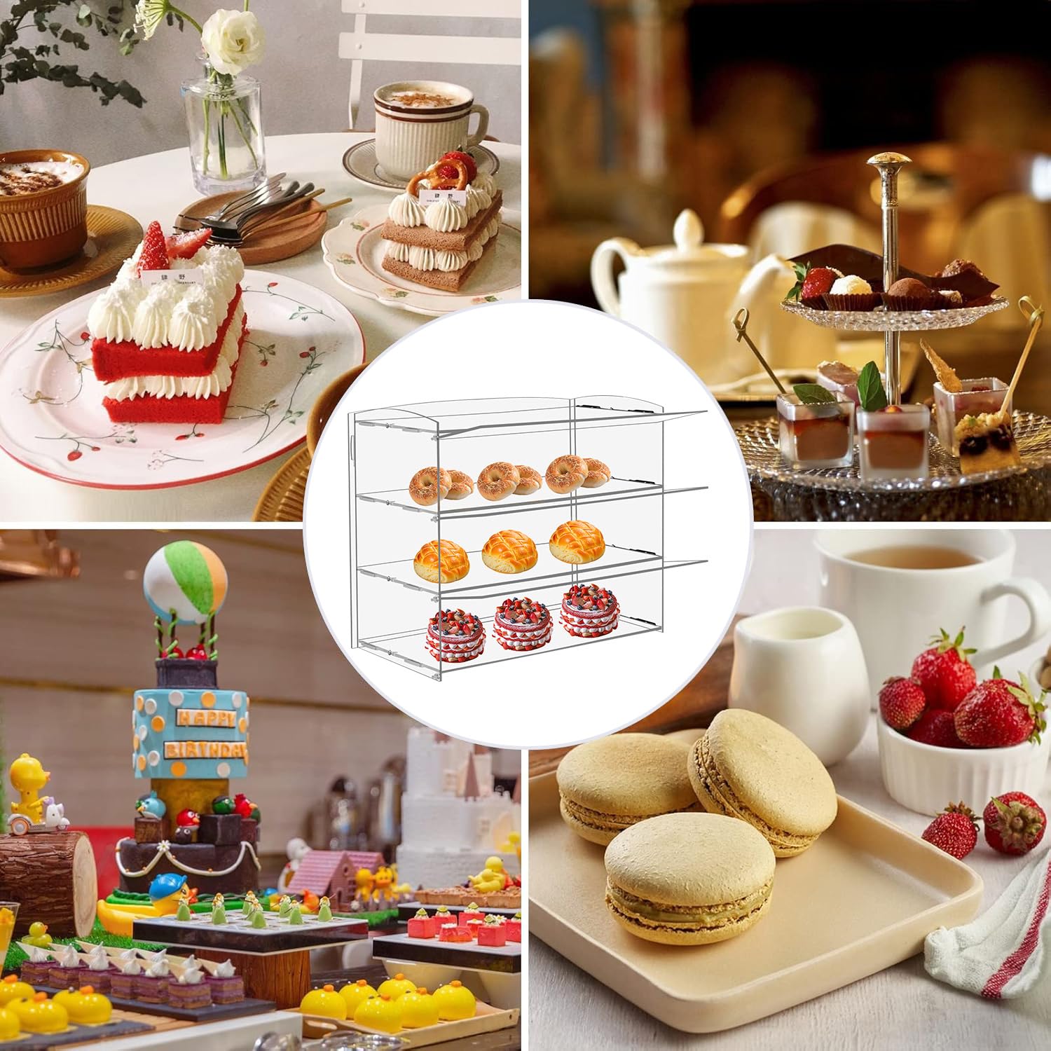 Vitrina acrílica para panadería, vitrina de pastelería, gabinete de pan transparente de 3 niveles, soporte acrílico para pan, galletas, donut, cupcakes para fiestas, eventos, tiendas