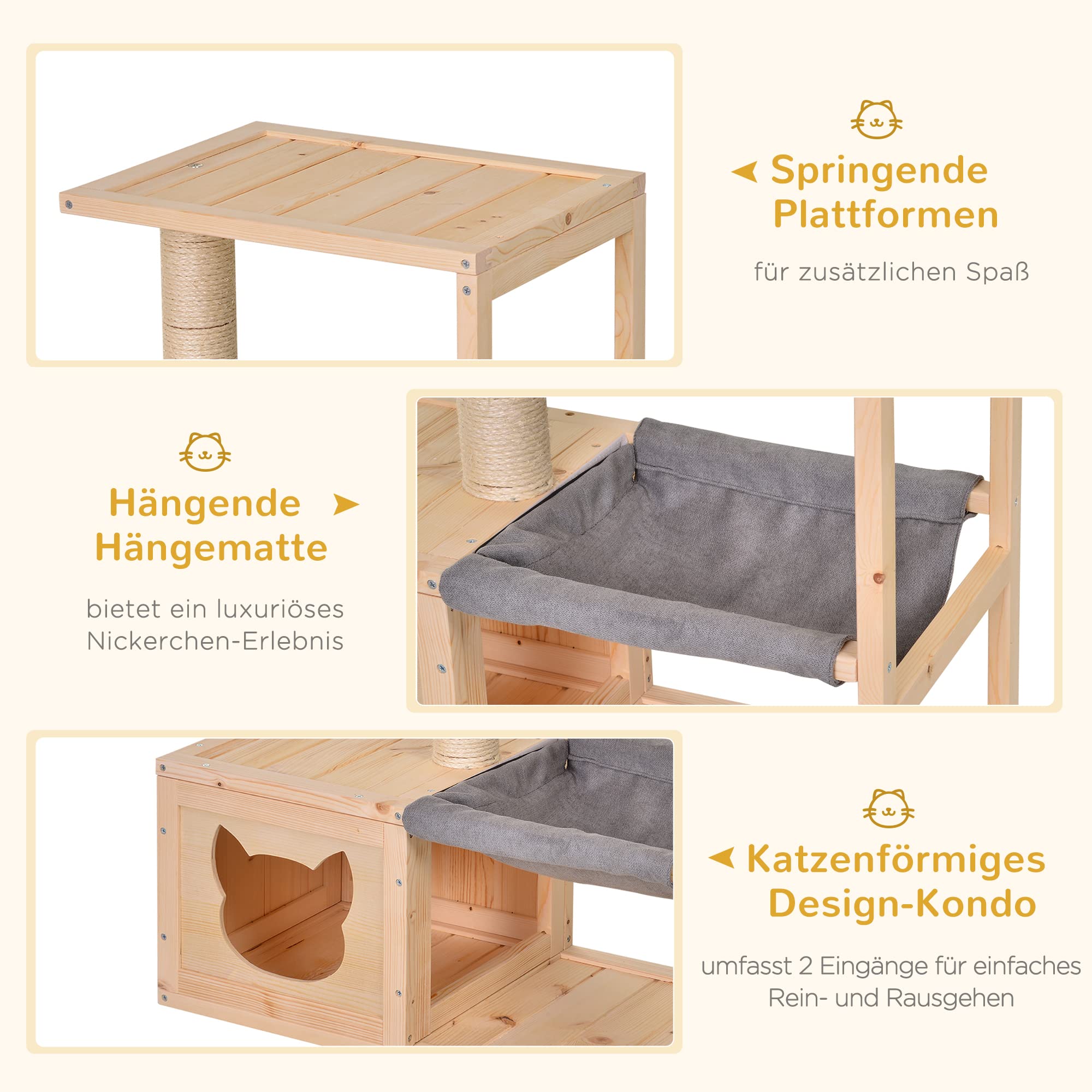 PawHut Katzenhöhle, Katzenbett mit Hängematte, Sisalstamm, Plattform Katzenhaus aus Holz Kratzbaum für Katzen für Indoor 70 x 35 x 60 cm Natur