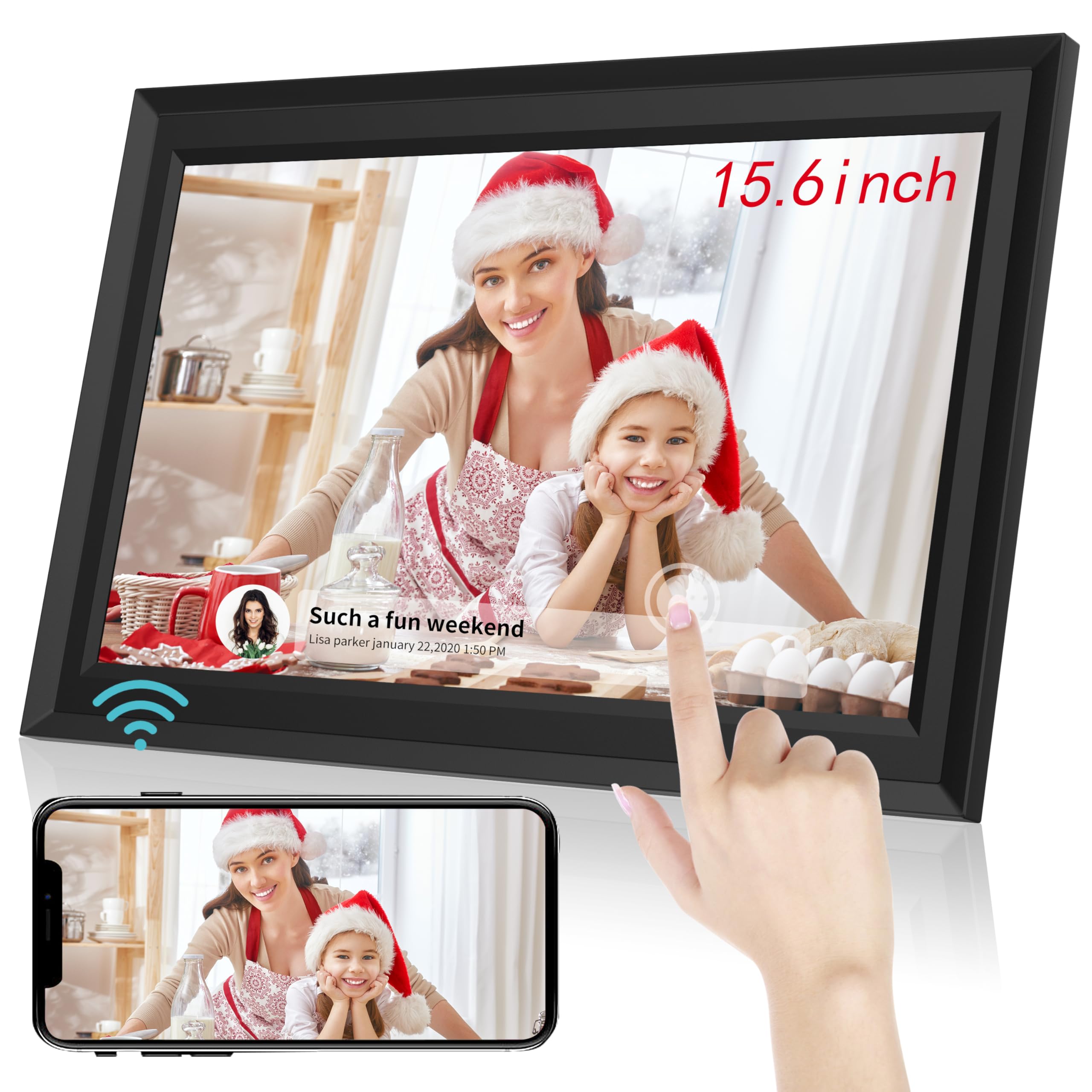 Cadre Photo numérique Wi-FI de 15,6 ", écran Tactile IPS, 1366 x 768, Noyer 32G, partagez des Photos ou des vidéos Via l'application Frameo Cadres Video Grand Format Rotation Automatique