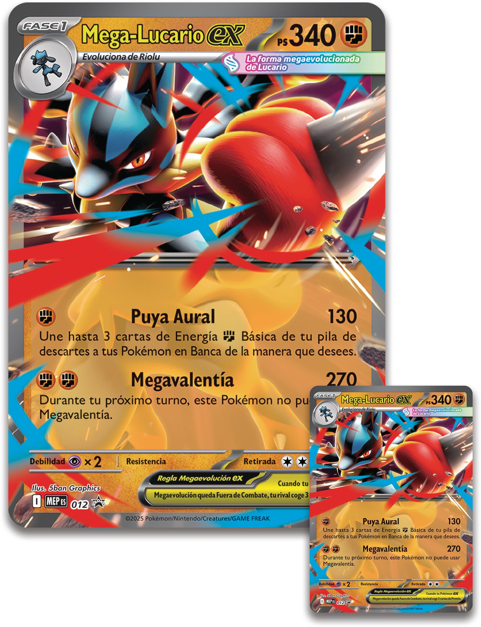 Pokémon: Colección con Figura Mega-Lucario ex de JCC Pokémon (1 Carta holográfica de promoción grabada en Relieve, 1 Carta de promoción de Gran tamaño, 5 Sobres de Mejora y 1 Figura de Mega-Lucario)