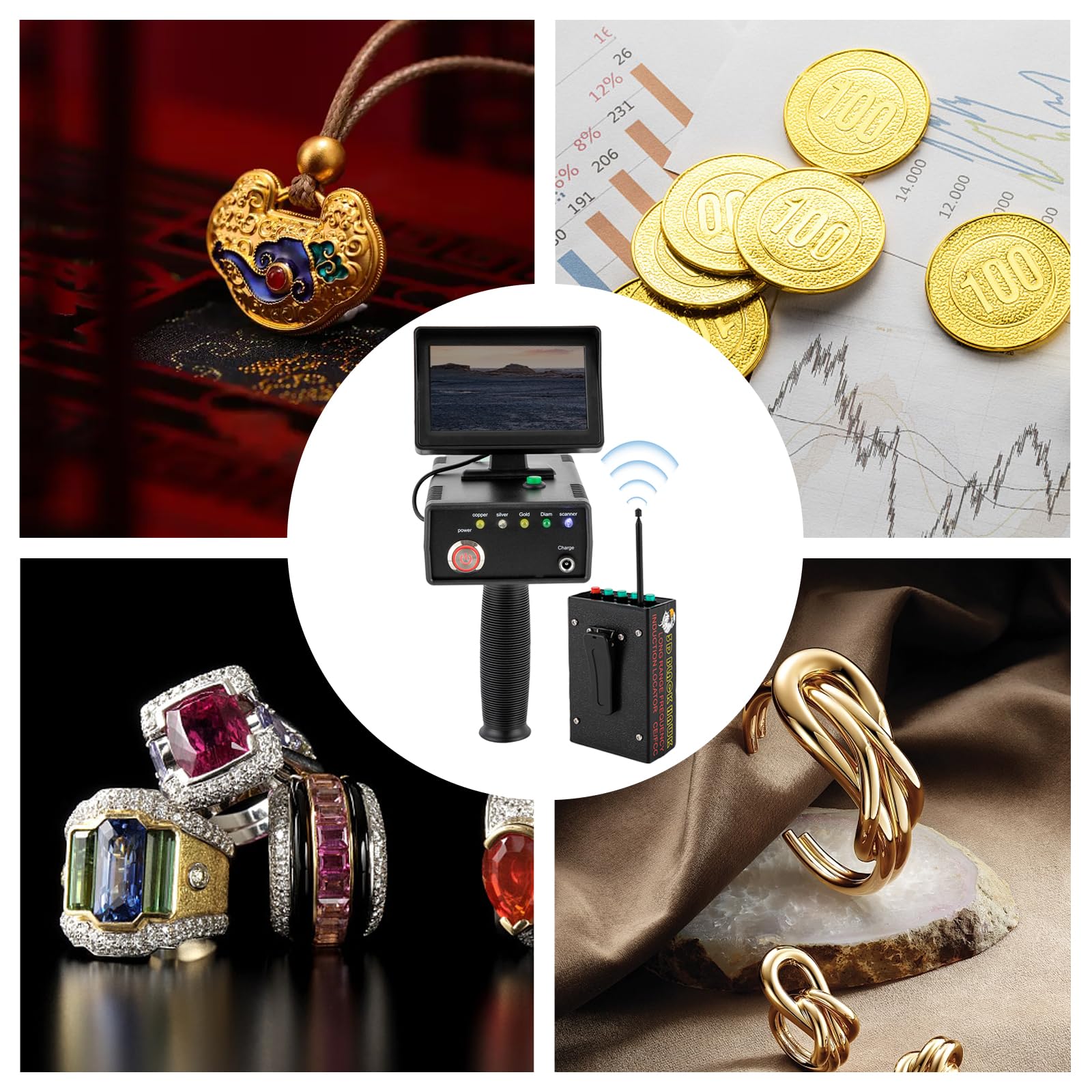 Rivelatore portatile in metallo dorato, 3D, campo di ricerca, 1200 m, profondità di rilevamento 30 m, indicatore LED ad alta precisione professionale (oro, argento, rame, diamante)