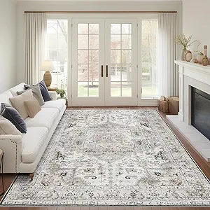 Madane 5x7 Area Rugs for Living Room, Stain Resistant Washable Rugs, Non-Slip Backing Area Rug, Vintage Home Decor Rug for Bedroom (Ivory/Brown, 5'x7')