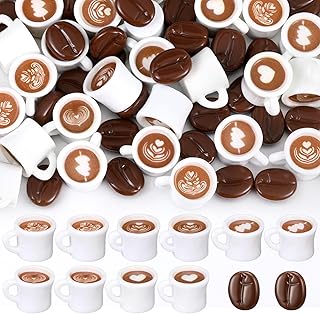 Soaoo 100 Pcs Coffee Cups and Beans Mini Resin Figurine Miniature Statues Things for Dollhouse Accessories Mini Coffee Mug Drink Charms for DIY Jewelry Necklace Earring Bracelet Keychain Craft Decor