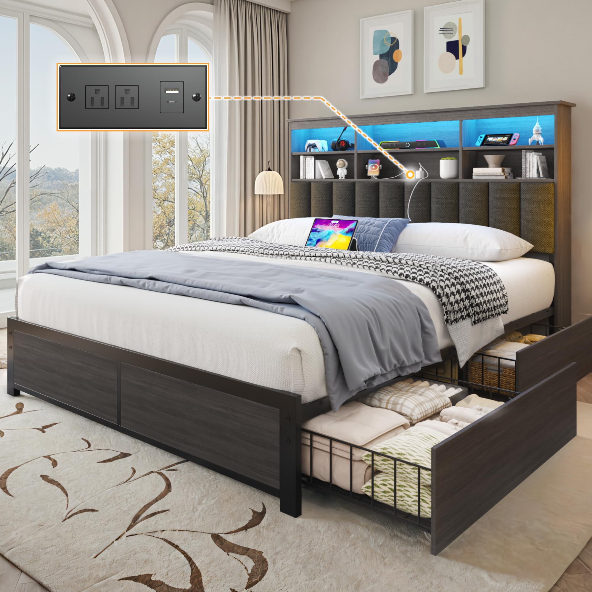 Lifezone Full Bed Frame with Headboard, Full Bed Frame with High Storage Bookcase Headboard,4 Storage Drawers & Charging Station & LED,No Box Spring