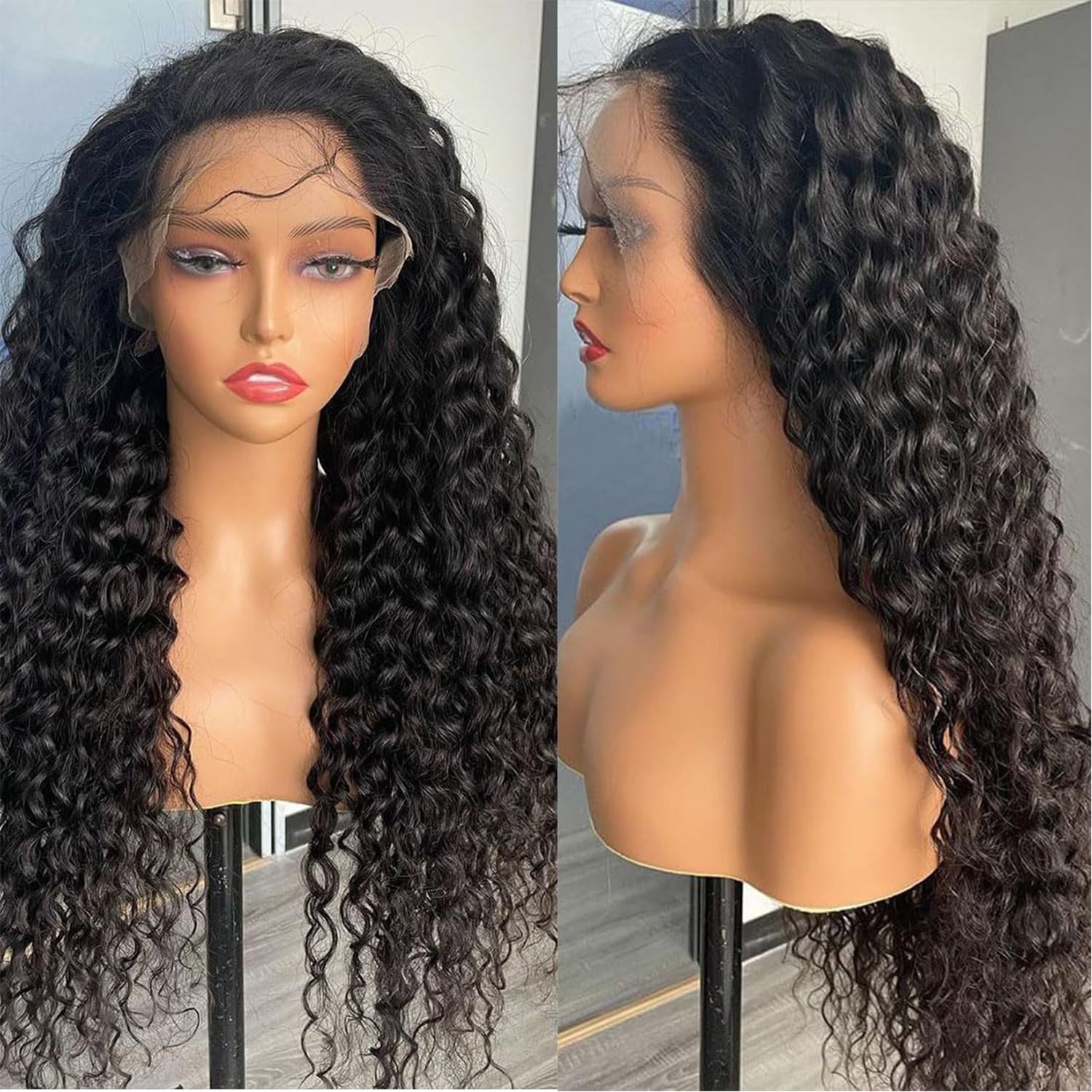 13X6 Full Lace Frontal Deep Wave Human Hair Wig For Black Women,200 Density 13X6 HD Transparent Lace Front Wigs Human Hair Pre Plucked Natural Hairline,Curly Wig Can be Dyed 28 Inch - Image 2