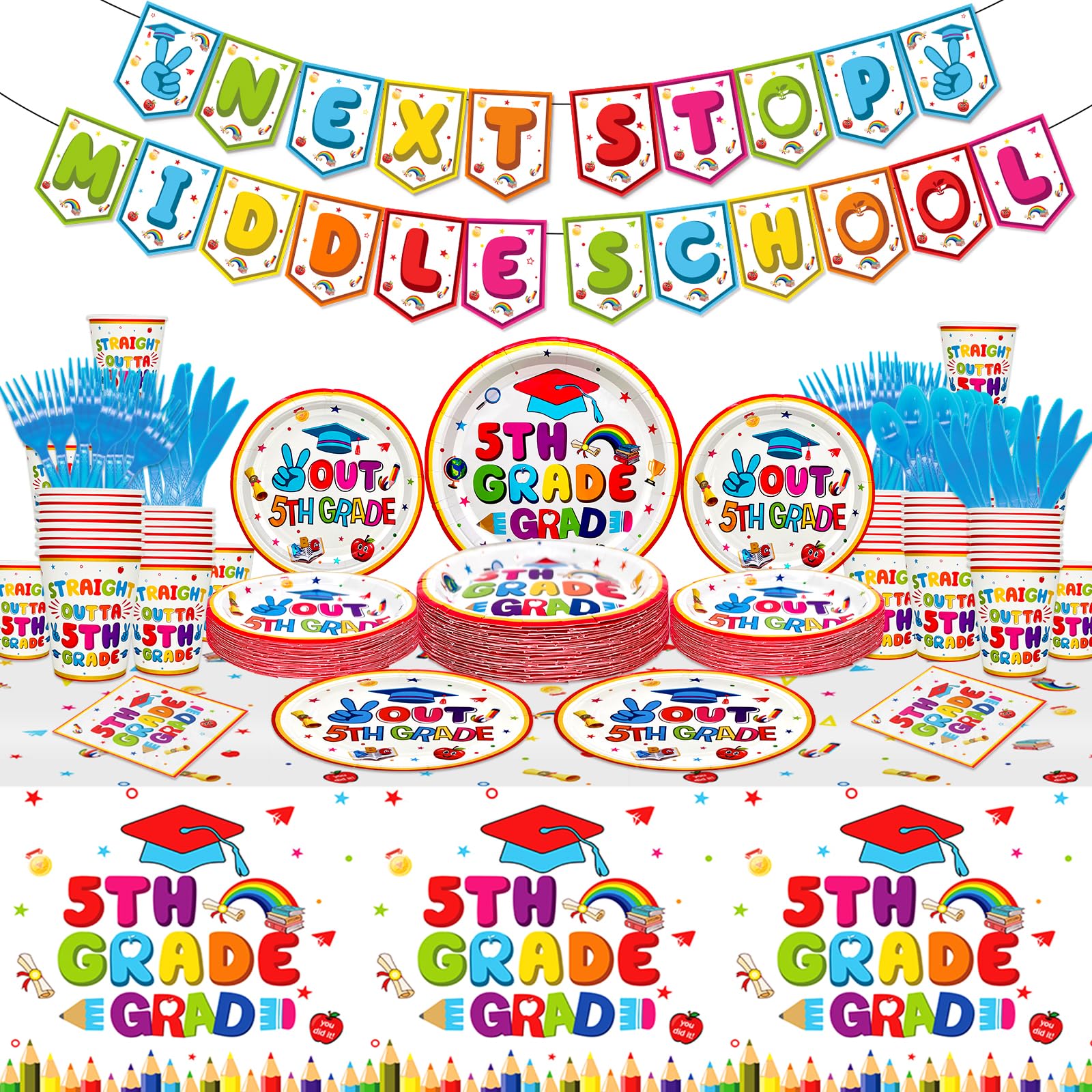 Yavxzvbw 191Pcs 5Th Grade Graduation Party Decorations Graduation Party Supplies Elementary Congrats Decorations Grade Plates and Napkins Next Stop