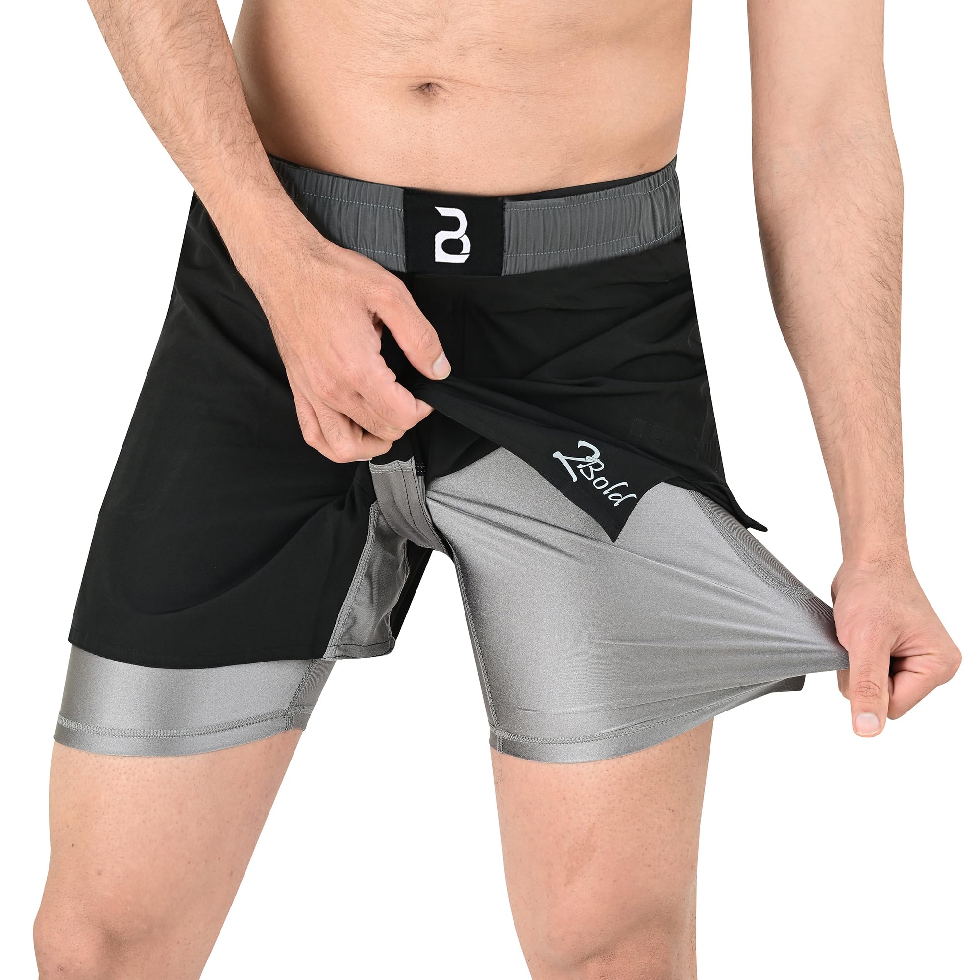 2BOLD MMA Herren-Shorts, 2-in-1, Jiu-Jitsu, integriertes Kompressionsfutter, athletisch, Fitnessstudio, Boxen, Muay Thai, BJJ, No-Gi Grappling-Shorts