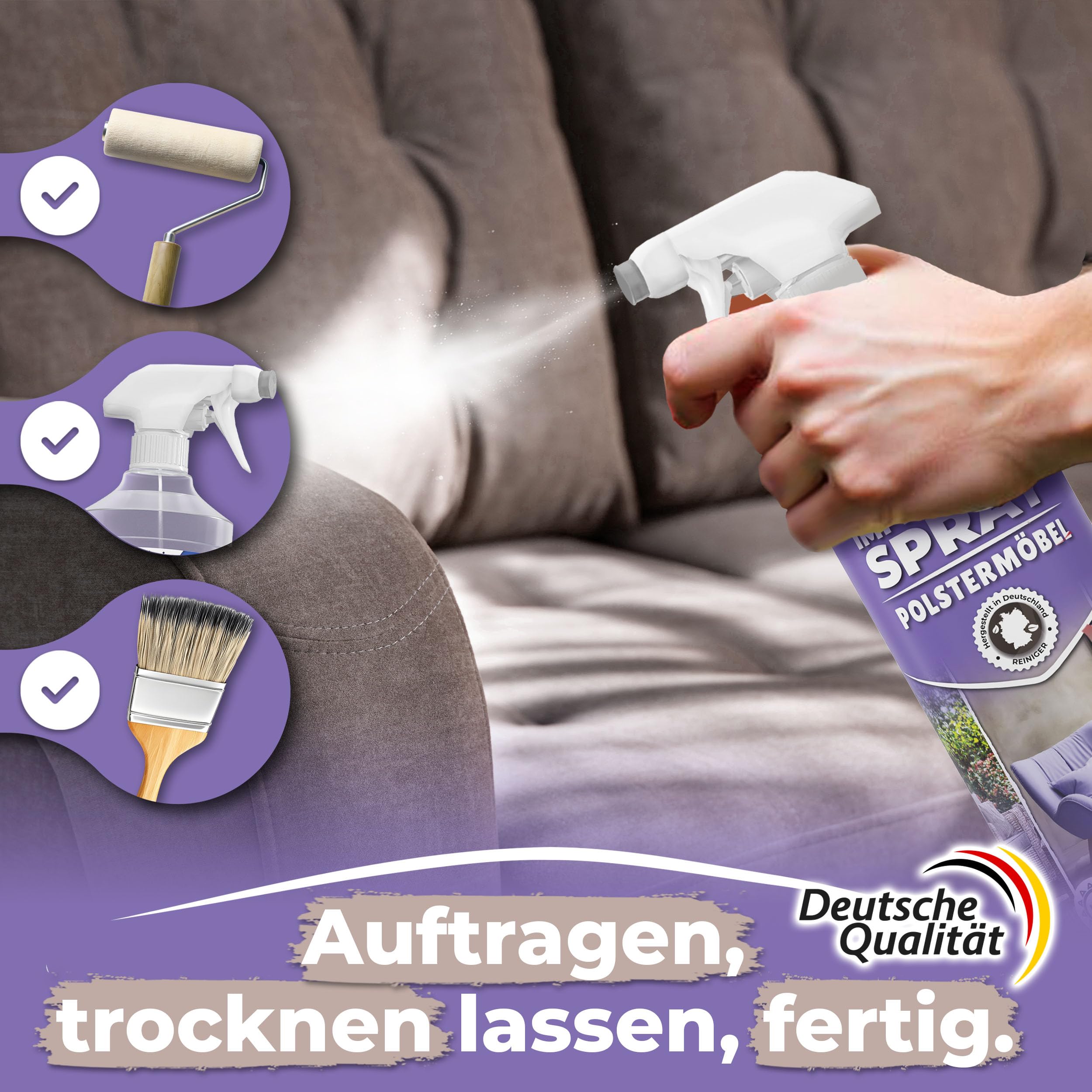 Textil Imprägnierspray Sofa & Polster-Möbel, Qindoo Fleckenschutz für Stoffe, Sitzkissen, Cord, Mikrofaser, Autositze, Geruchsneutral, wasser- & schmutzabweisend, PFC frei, Made in Germany 1,5 L